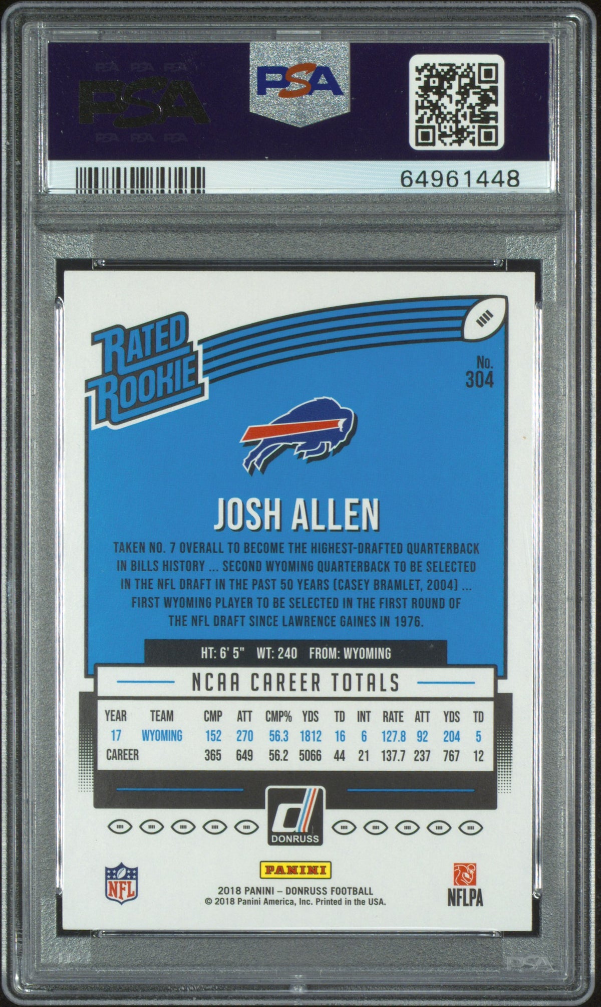 2018 Panini Donruss #304 Josh Allen PSA 10 Buffalo Bills RC