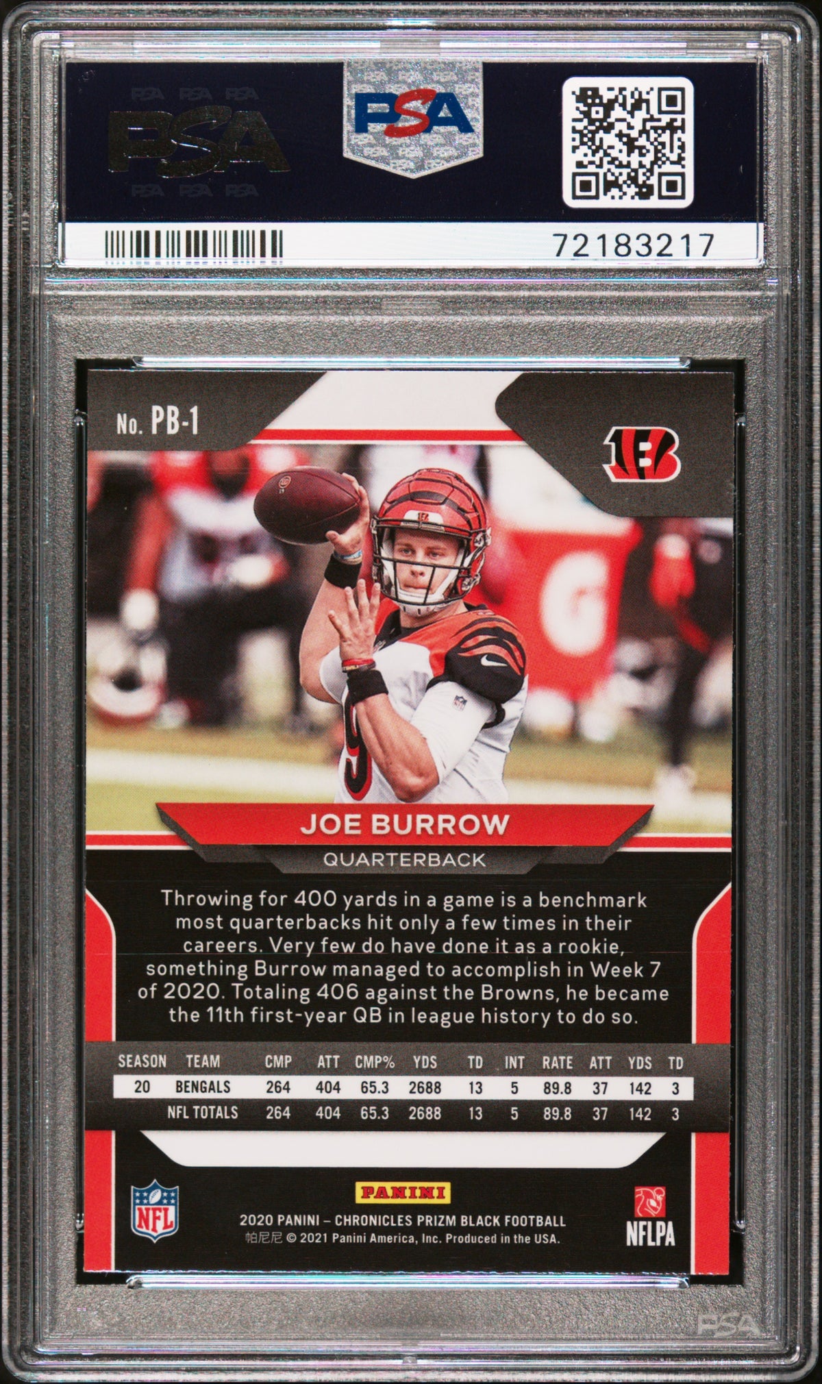 2020 Panini Chronicles Prizm Black #PB1 Joe Burrow Prizm Black PSA 10 Cincinnati Bengals