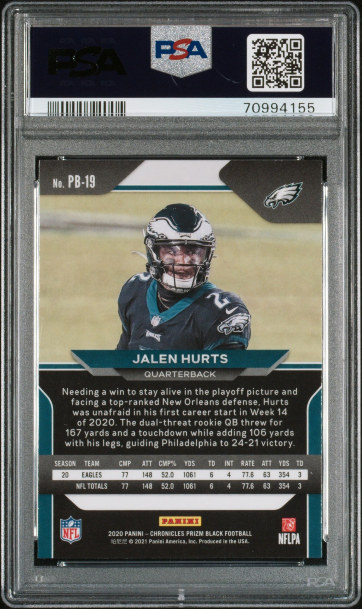2020 Panini Chronicles Prizm Black #PB19 Jalen Hurts Prizm Black PSA 10 Philadelphia Eagles