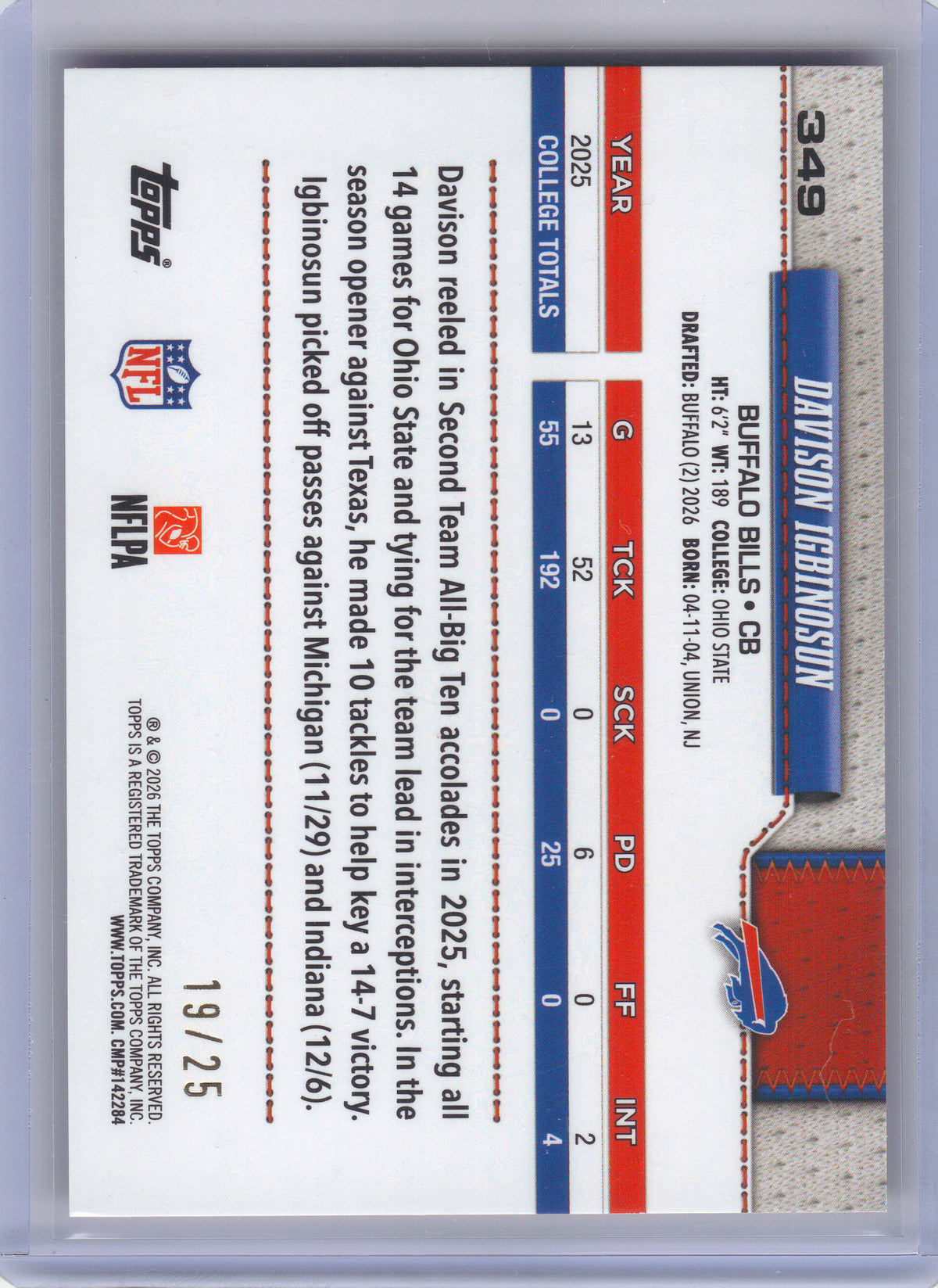 2026 Topps Flagship #349 Davison Igbinosun Orange Sandglitter #/25 Buffalo Bills SN