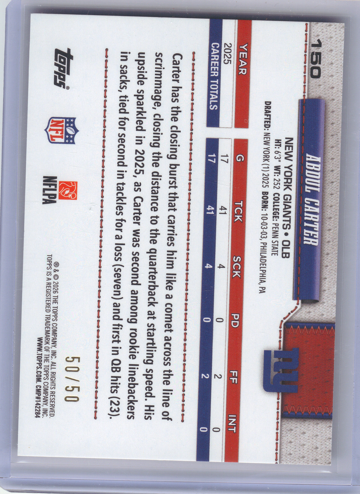 2026 Topps Flagship #150 Abdul Carter Gold Sandglitter Last of the Print New York Giants SN