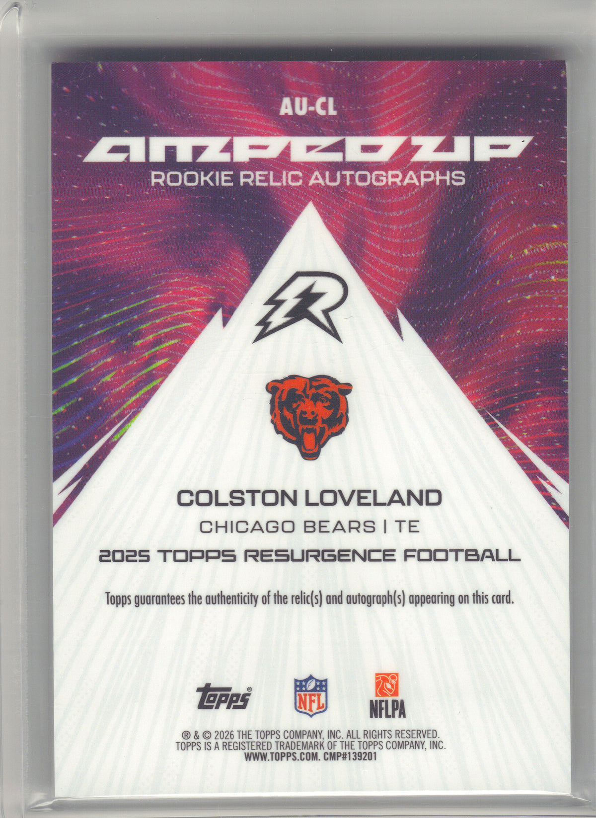 2025 Topps Resurgence #AU-CL Colston Loveland Amped Up Rookie Relic Autographs Blue Surge Refractor #/99 Chicago Bears SN, MEM, AU