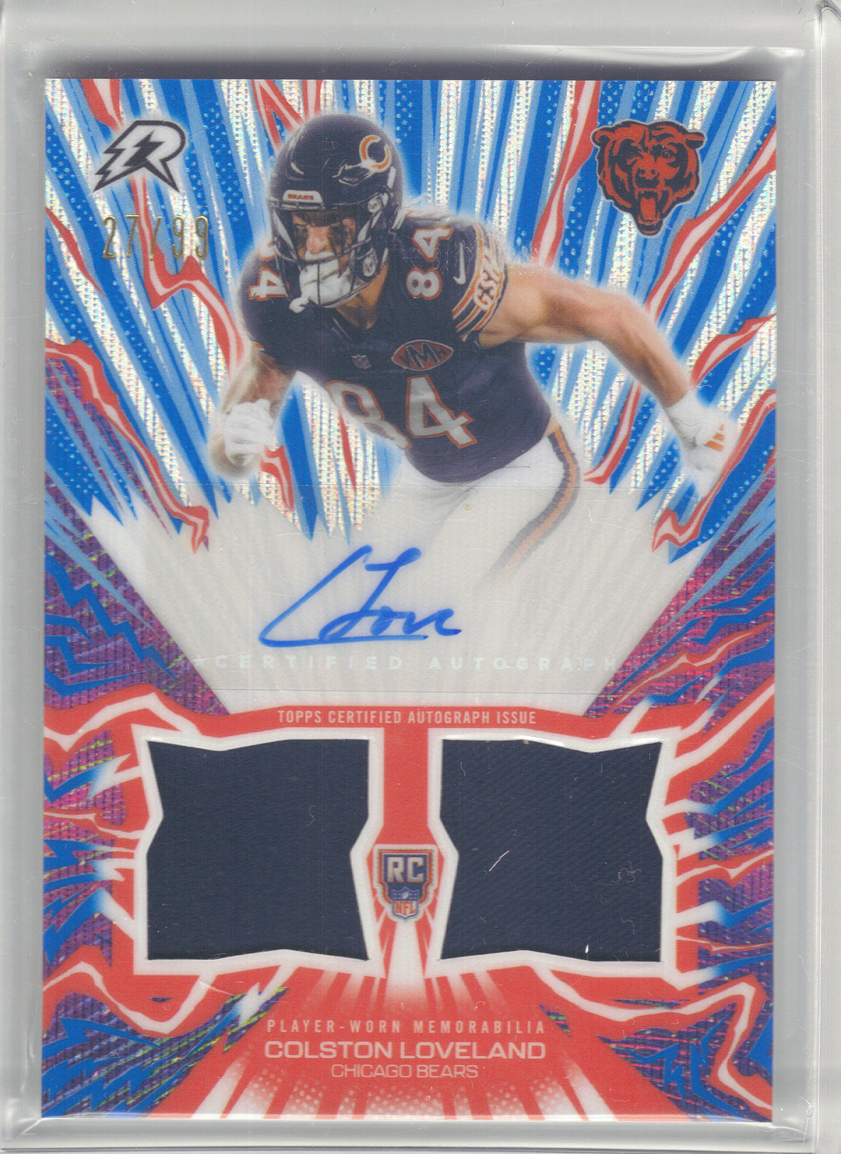 2025 Topps Resurgence #AU-CL Colston Loveland Amped Up Rookie Relic Autographs Blue Surge Refractor #/99 Chicago Bears SN, MEM, AU