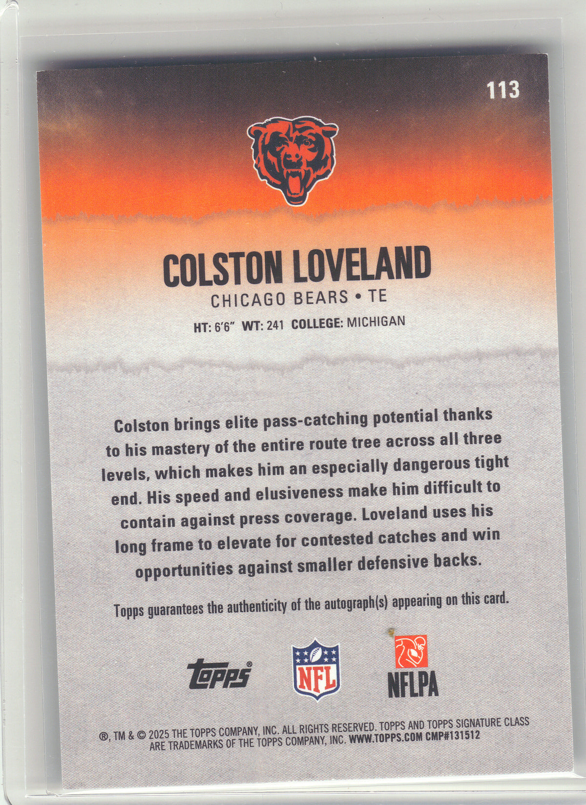 2025 Topps Signature Class #113 Colston Loveland Autographs Chicago Bears RC, AU