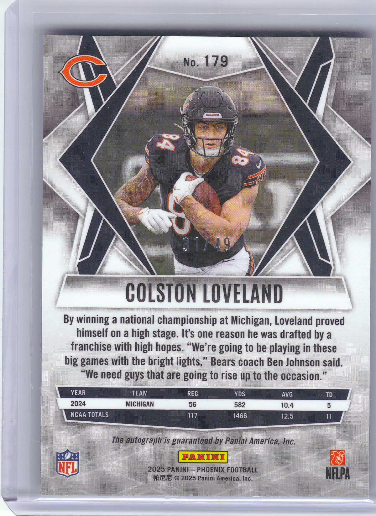 2025 Panini Phoenix #179 Colston Loveland Base Rookie Autographs Blue Prizm #/49 Chicago Bears SN, RC, AU
