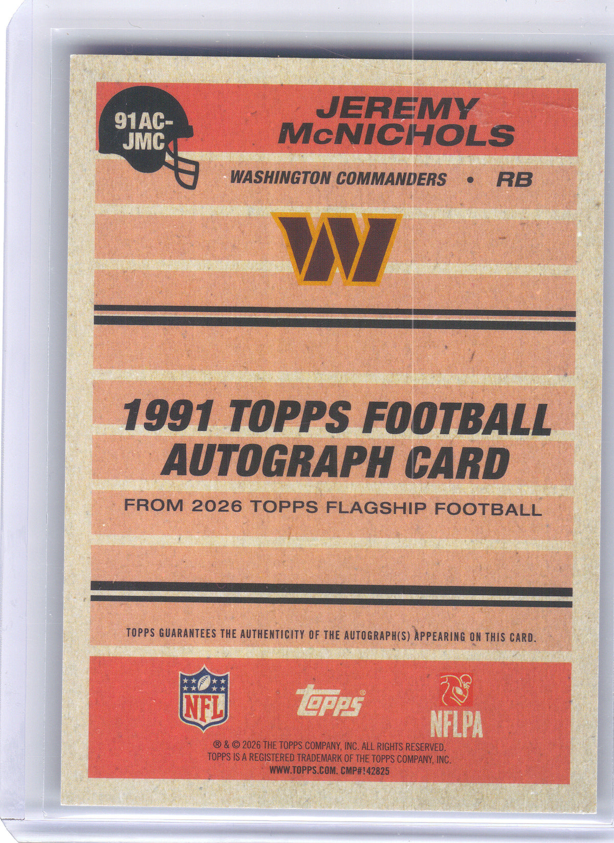 2026 Topps Flagship #91AC-JMC Jeremy McNichols 1991 Topps Football 35th Anniversary Autographs Black #/10 Washington Commanders SN, AU