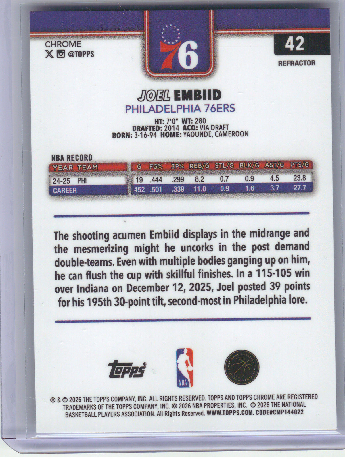 2025-26 Topps Chrome Update #42 Joel Embiid Refractor Philadelphia 76ers
