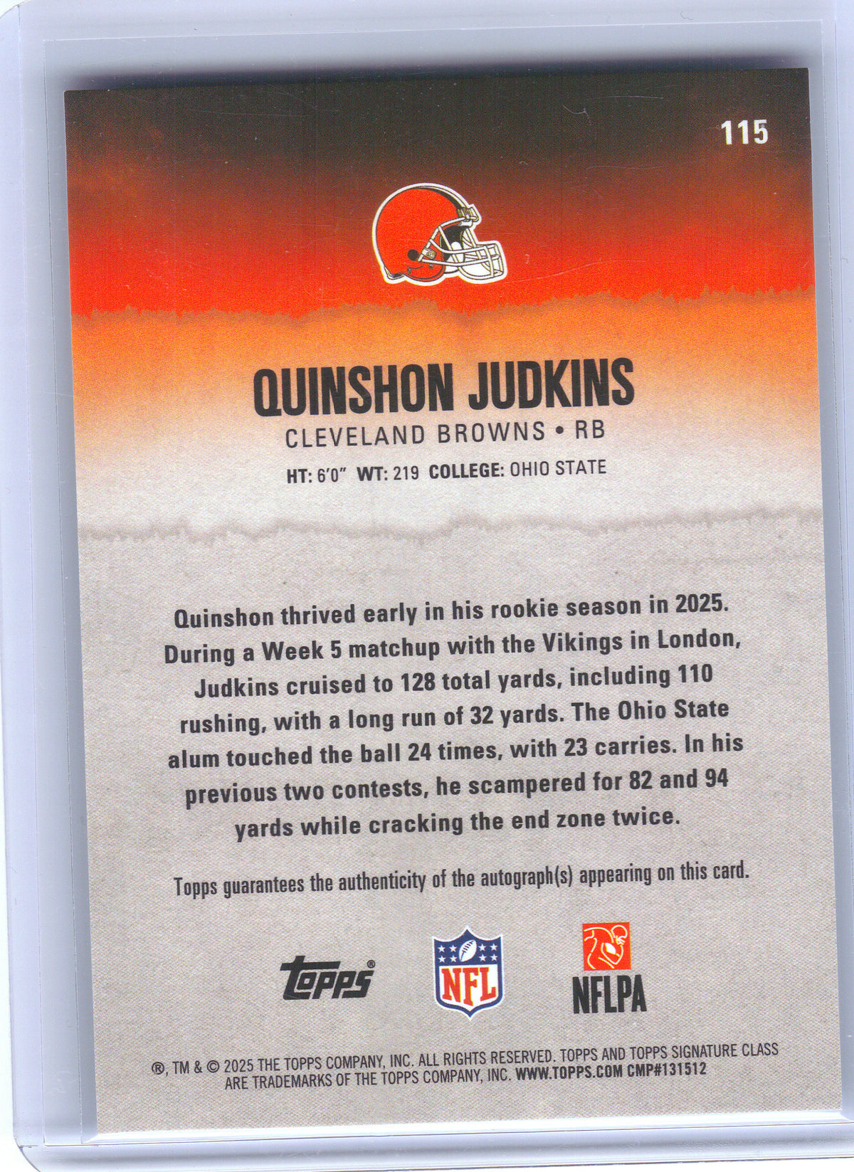 2025 Topps Signature Class #115 Quinshon Judkins Autographs Cleveland Browns RC, AU