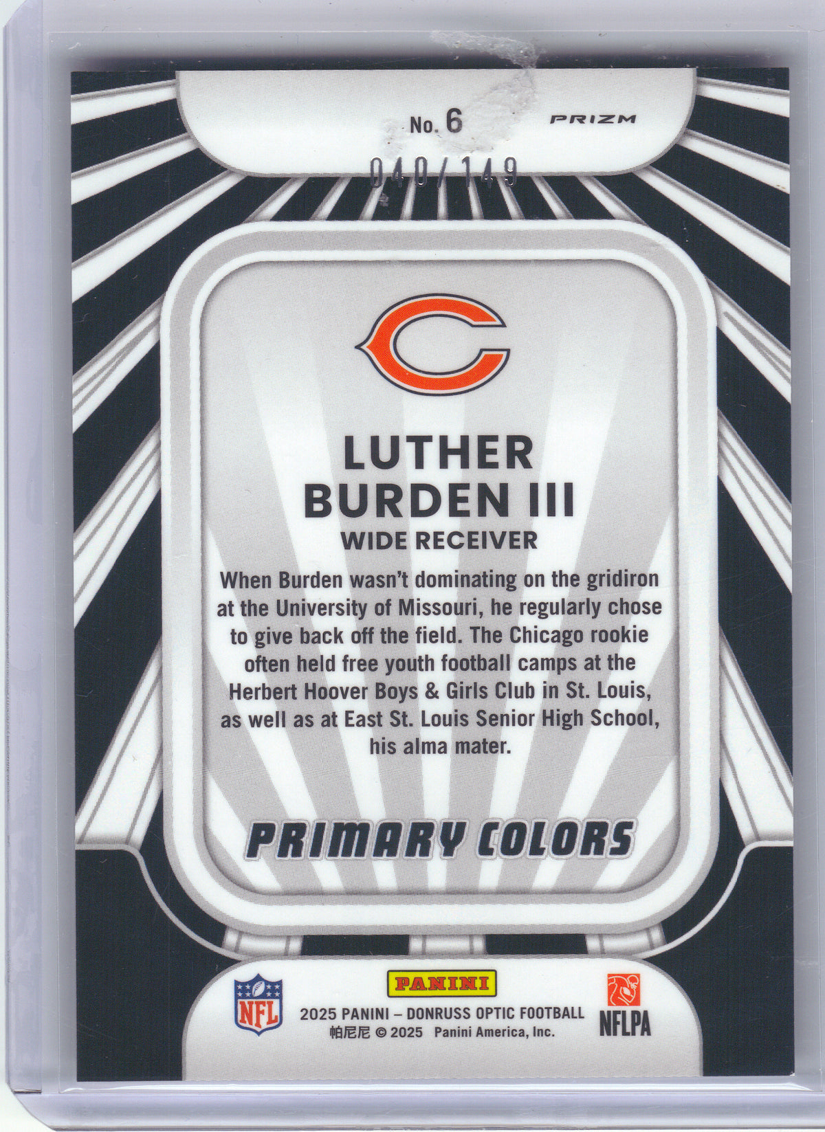 2025 Donruss Optic #6 Luther Burden III Rookie Primary Colors Black Pandora #/149 Chicago Bears SN