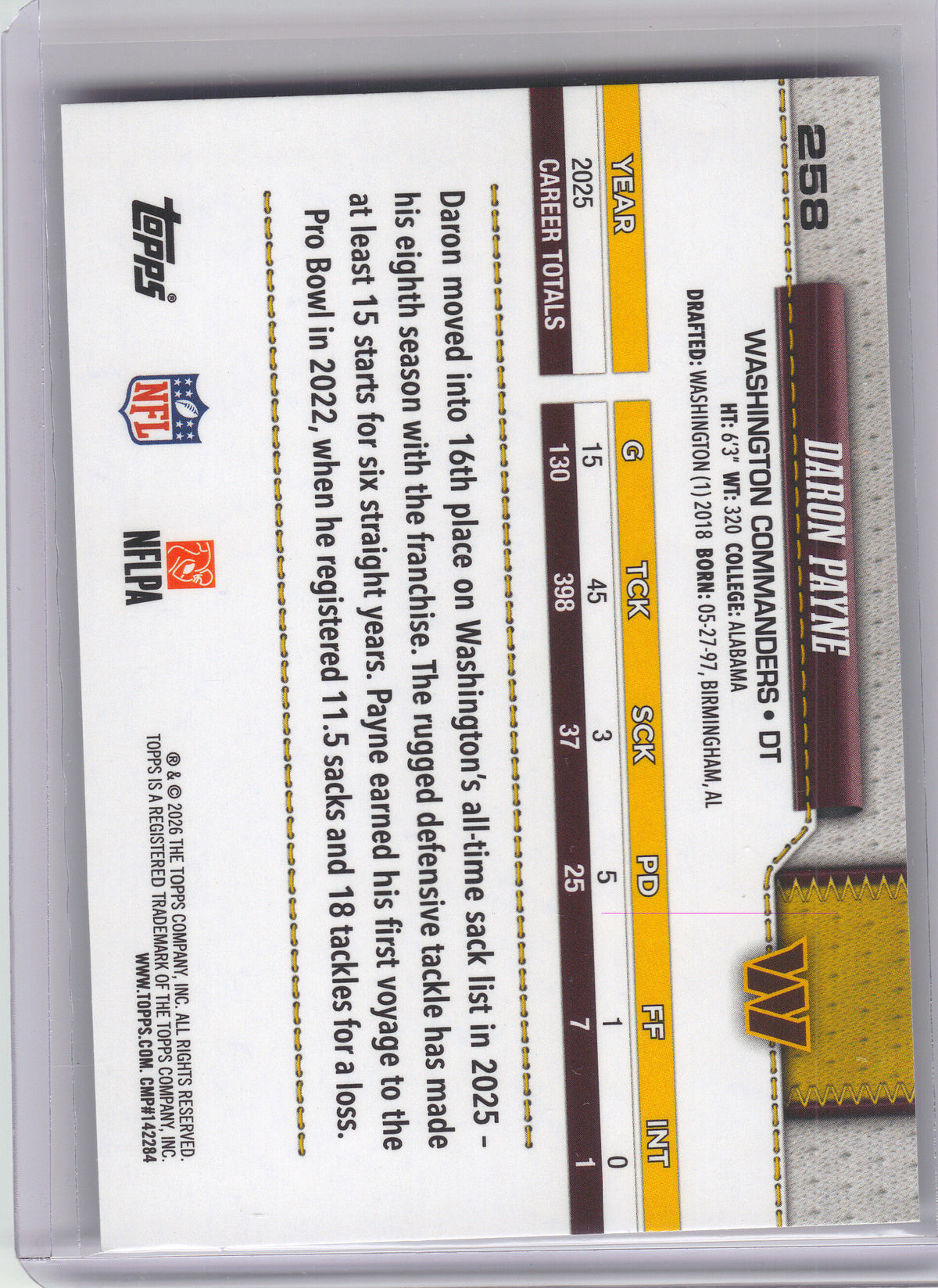2026 Topps Flagship #258 Daron Payne Holo Foil Washington Commanders