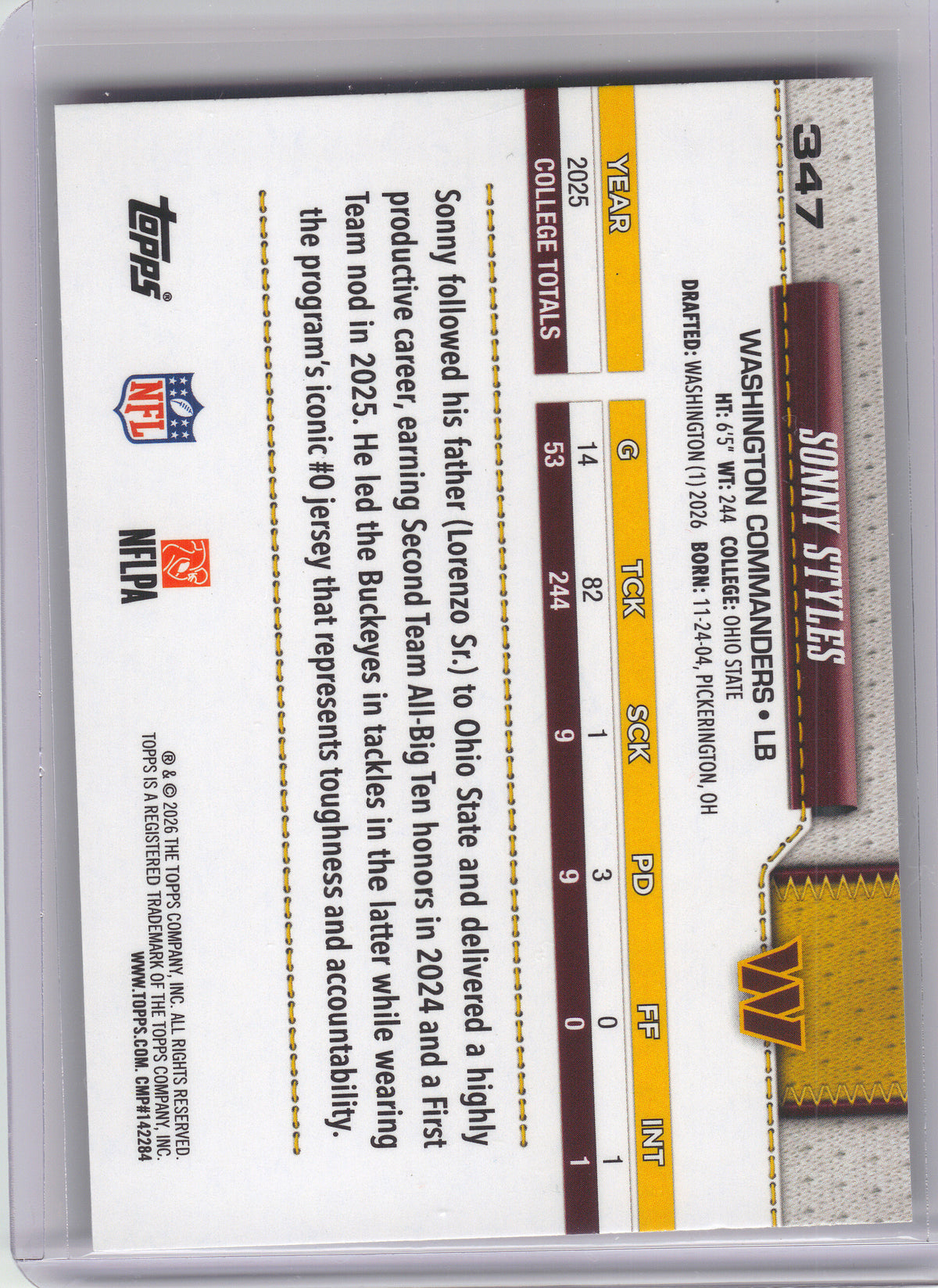 2026 Topps Flagship #347 Sonny Styles Football Leather Foil Washington Commanders RC