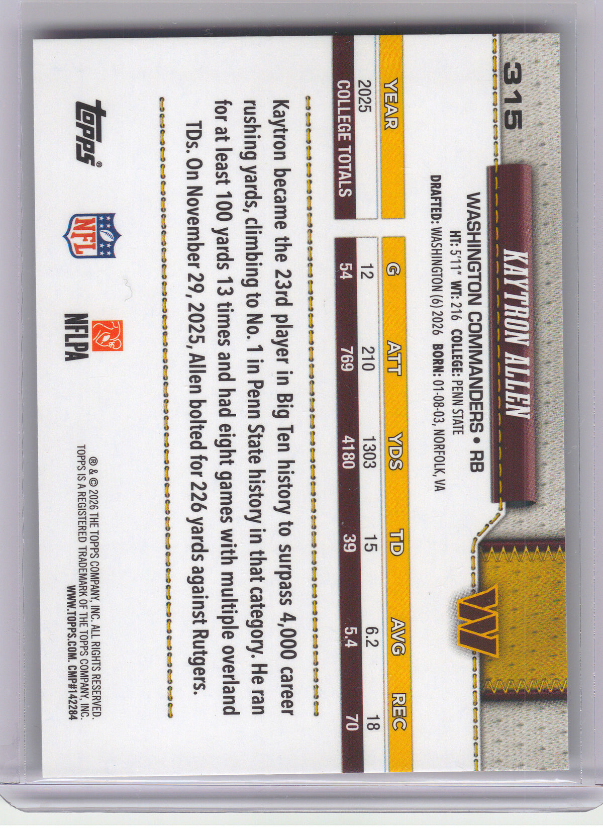 2026 Topps Flagship #315 Kaytron Allen Rainbow Foil Washington Commanders