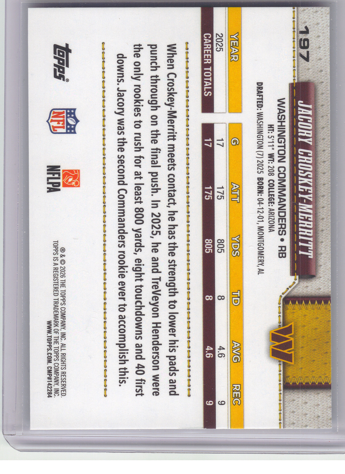 2026 Topps Flagship #197 Jacory Croskey-Merritt Holo Foil Washington Commanders