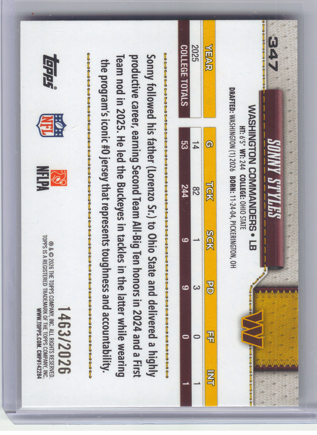 2026 Topps Flagship #347 Sonny Styles Gold #/2026 Washington Commanders SN, RC