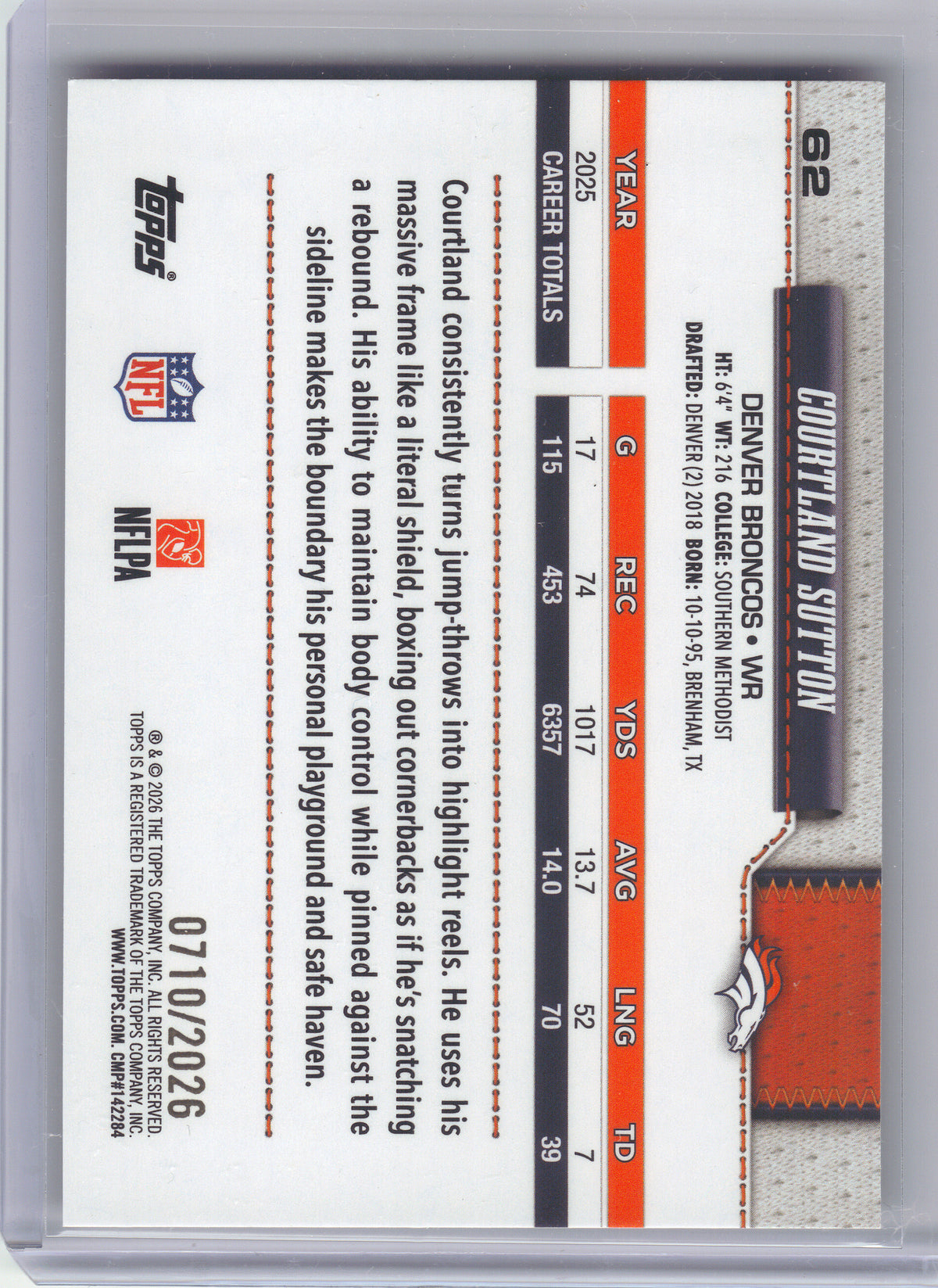 2026 Topps Flagship #62 Courtland Sutton Gold #/2026 Denver Broncos SN