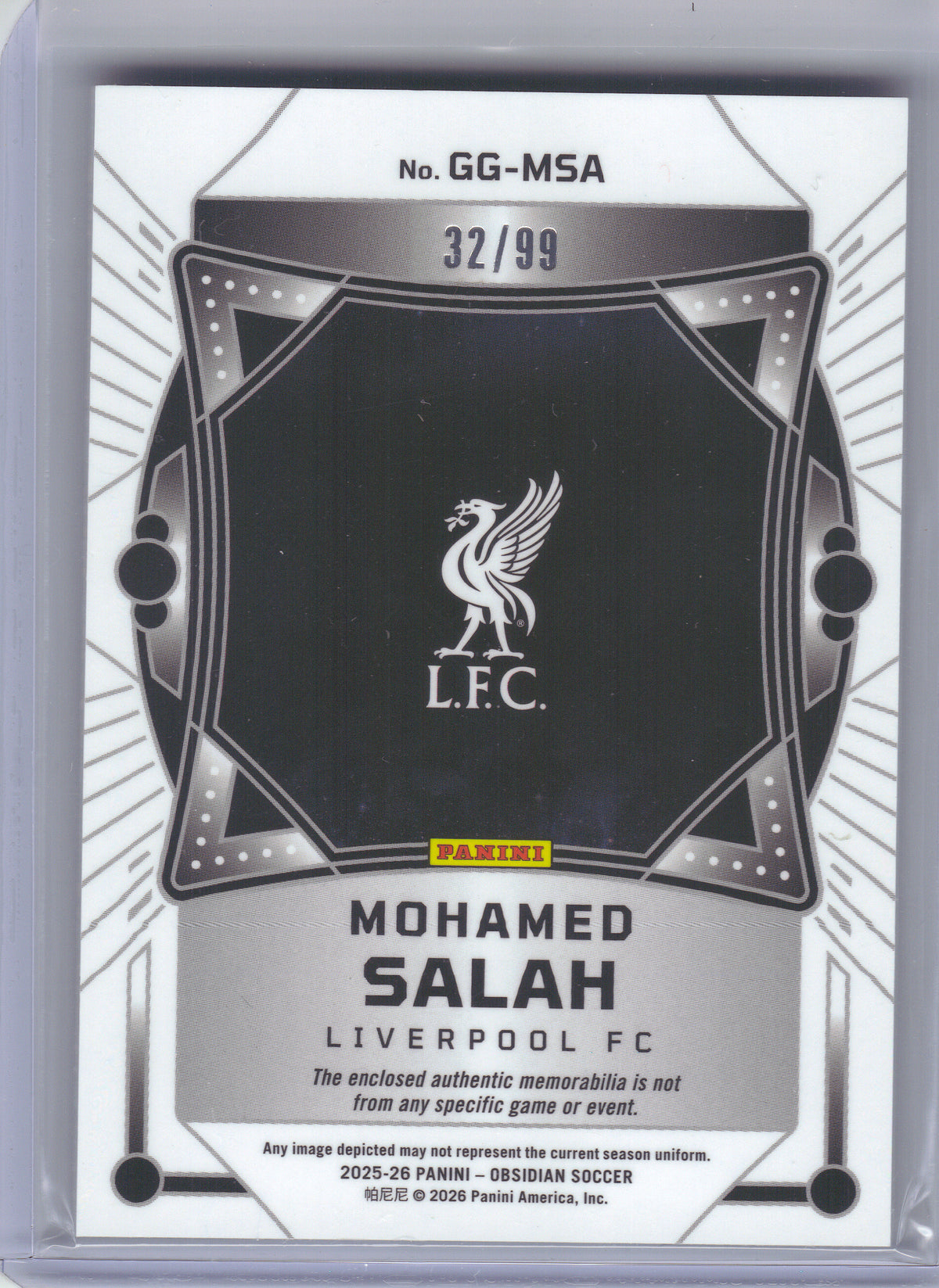 2025-26 Panini Obsidian #GG-MSA Mohamed Salah Galaxy Gear /99 Liverpool SN, MEM