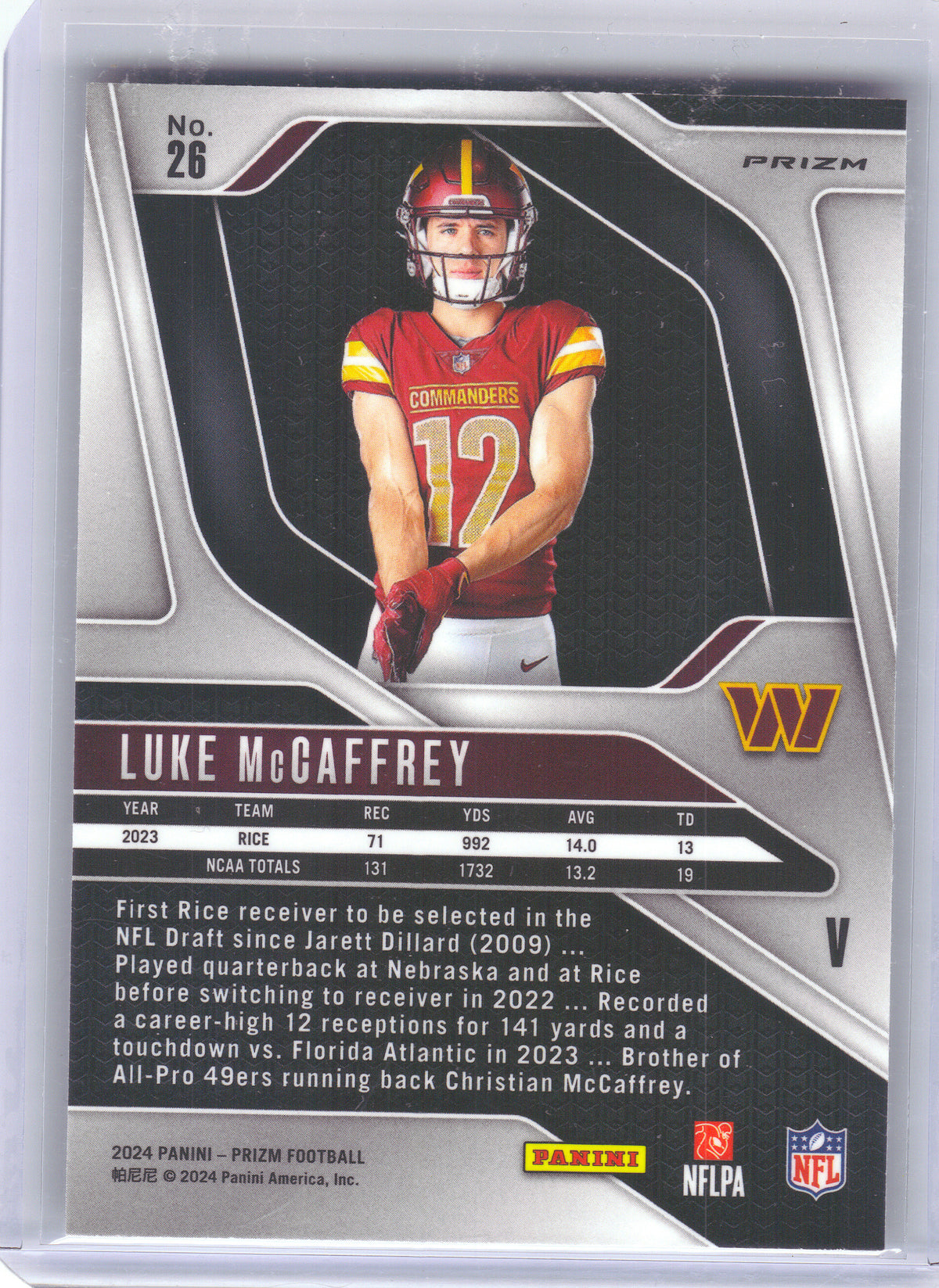 2024 Panini Prizm #26 Luke McCaffrey Rookie Variations No Huddle Prizm Washington Commanders