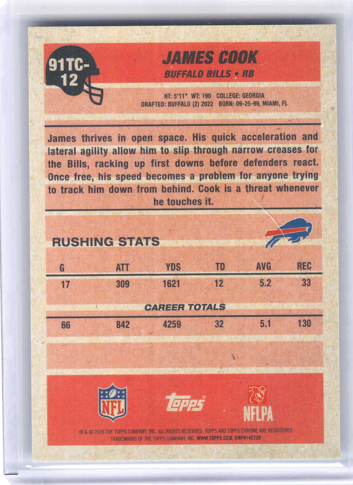 2026 Topps Flagship #91TC-12 James Cook 1991 Topps Football 35th Anniversary Chrome Aqua #/199 Buffalo Bills SN