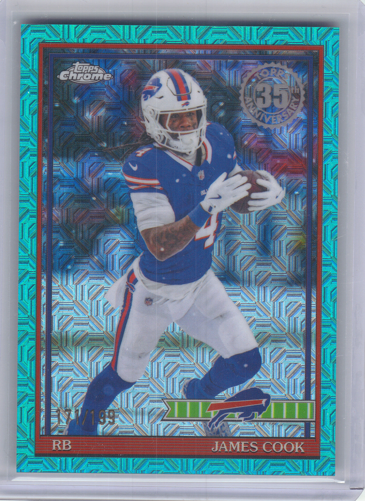 2026 Topps Flagship #91TC-12 James Cook 1991 Topps Football 35th Anniversary Chrome Aqua #/199 Buffalo Bills SN