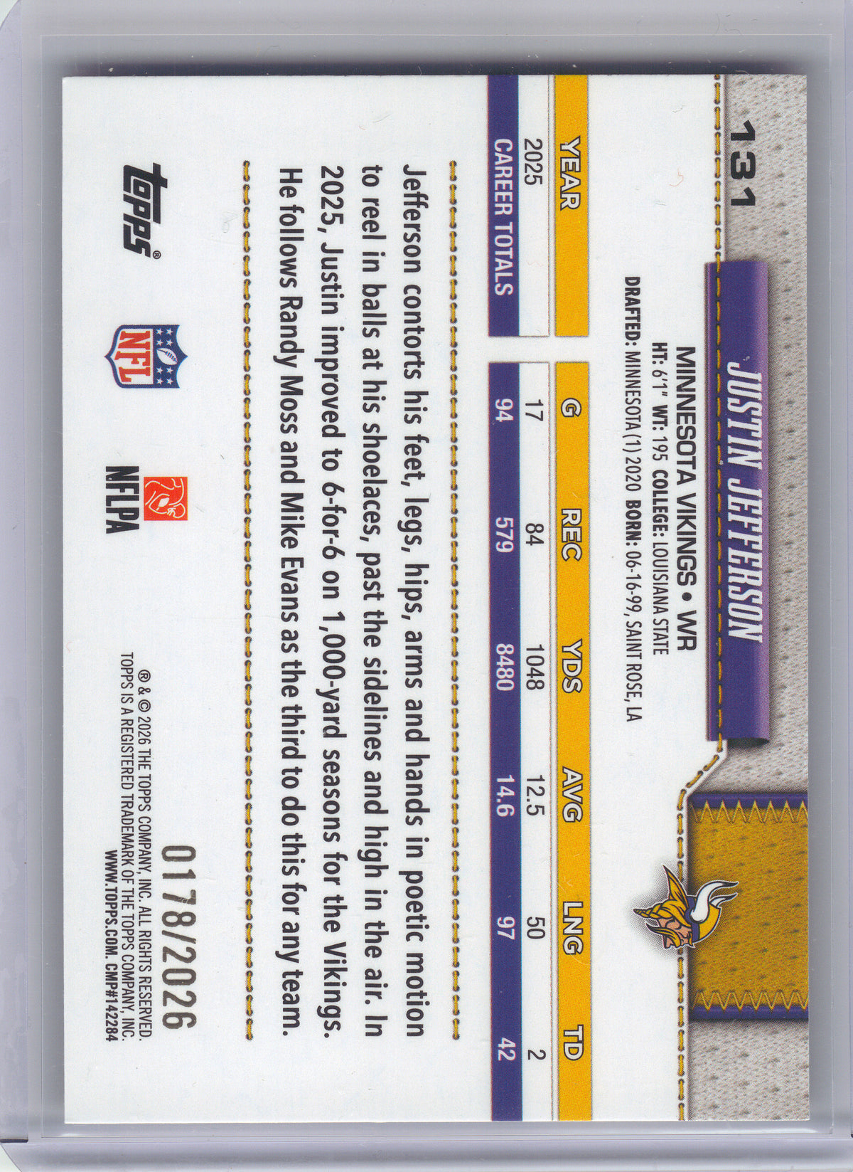 2026 Topps Flagship #131 Justin Jefferson Gold #/2026 Minnesota Vikings SN