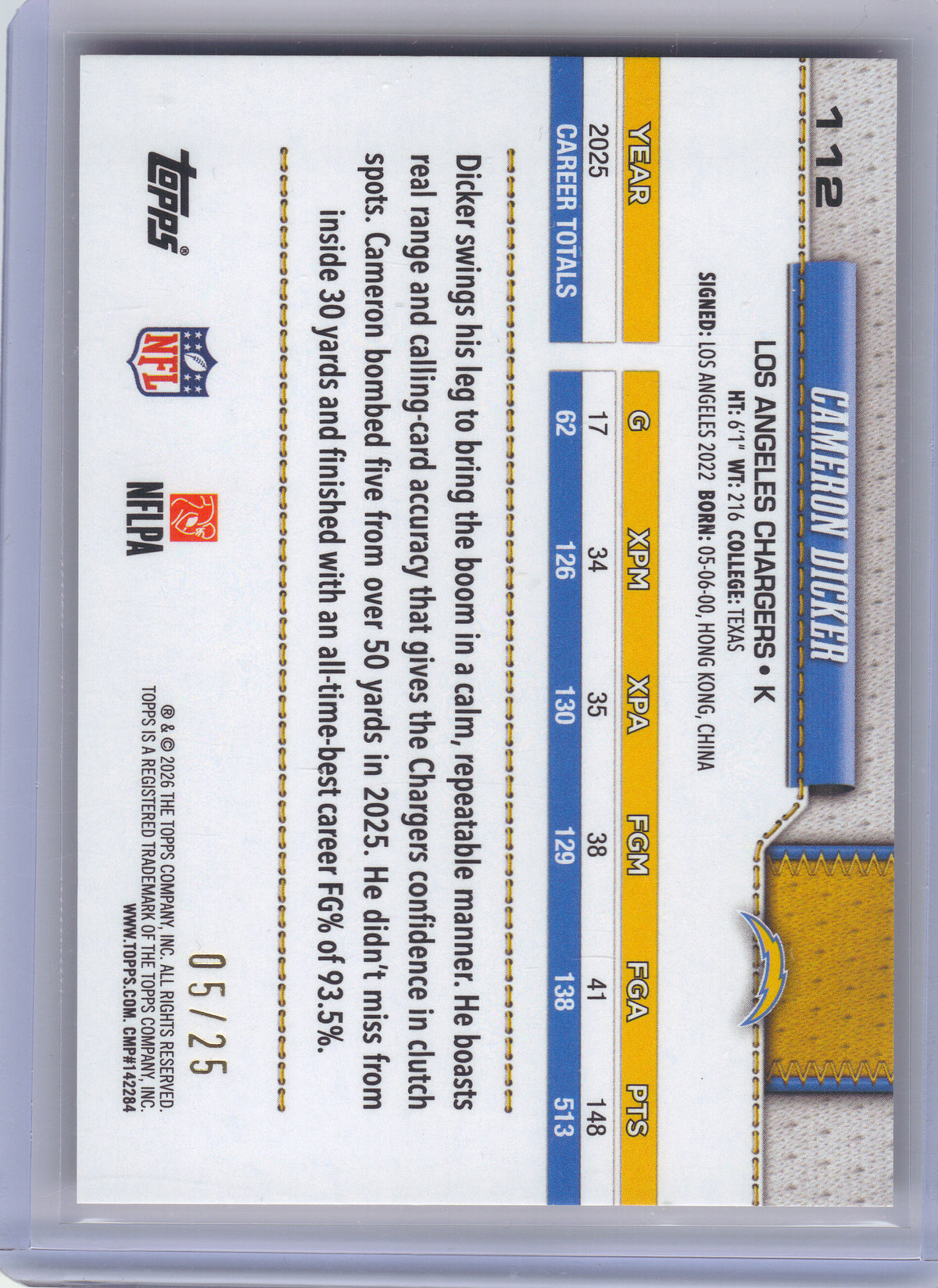 2026 Topps Flagship #112 Cameron Dicker Orange Holo Foil #/25 Los Angeles Chargers SN