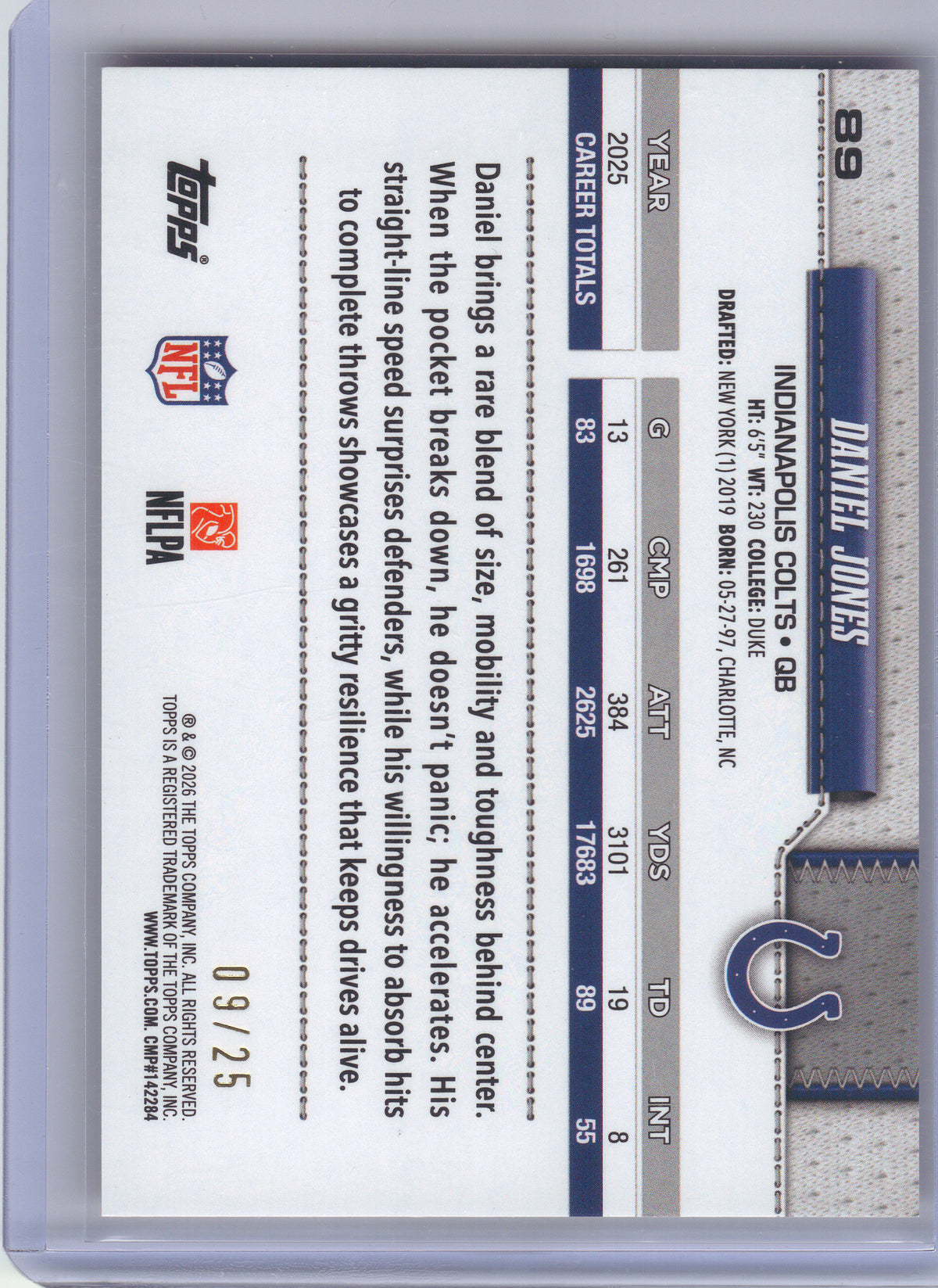 2026 Topps Flagship #89 Daniel Jones Orange Holo Foil #/25 Indianapolis Colts SN