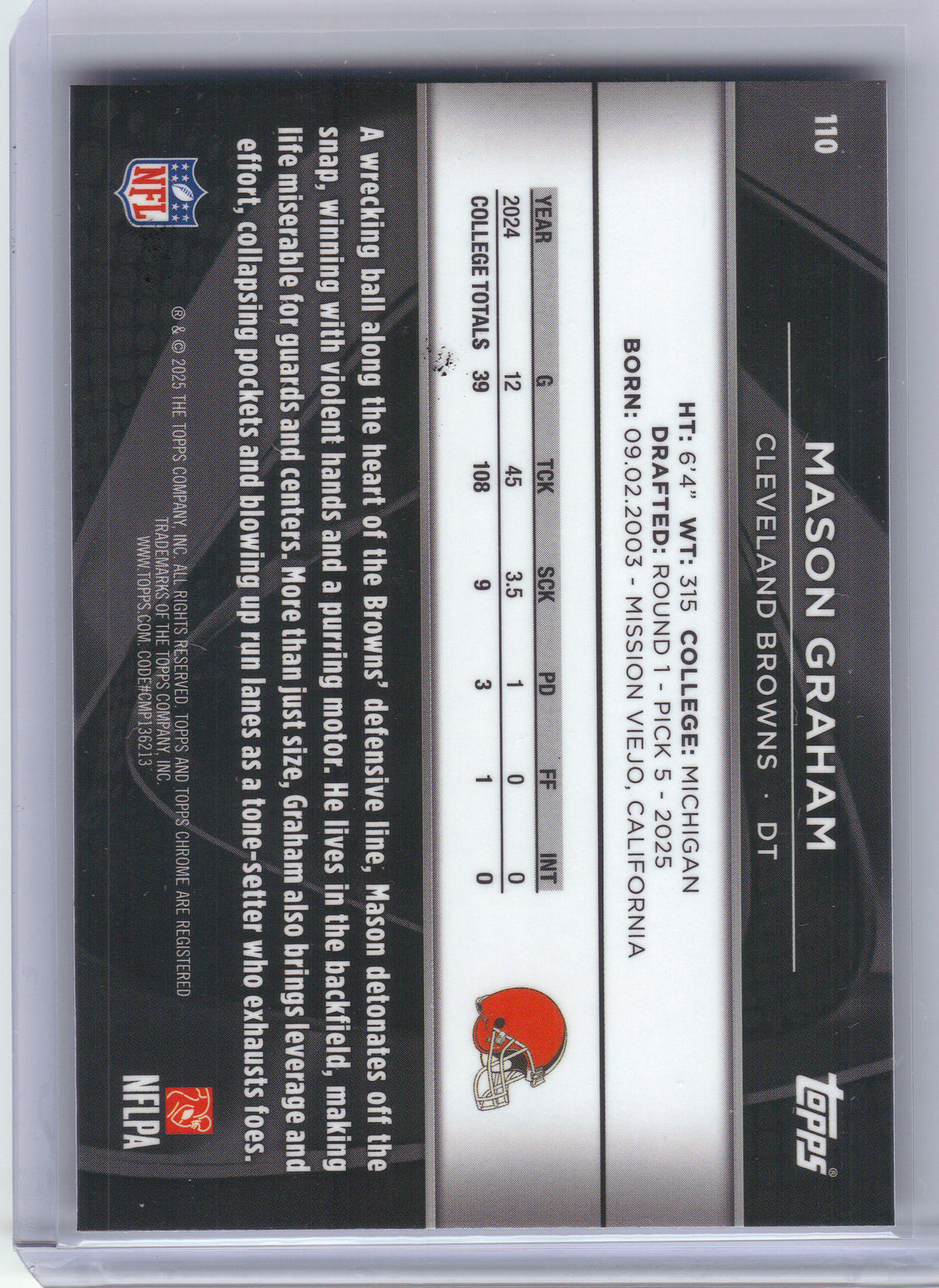 2025 Topps Chrome Black #110 Mason Graham Cleveland Browns RC