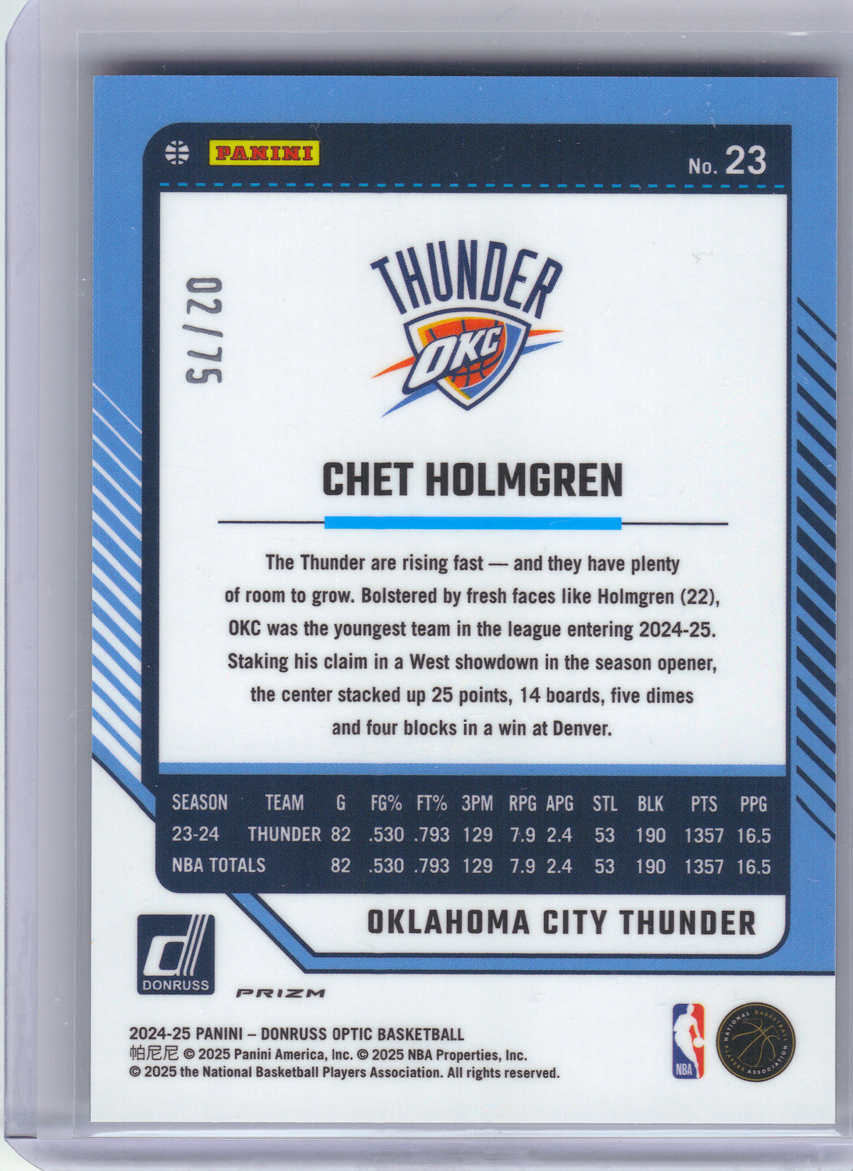 2024-25 Donruss Optic #23 Chet Holmgren Electricity International #/75 Oklahoma City Thunder SN