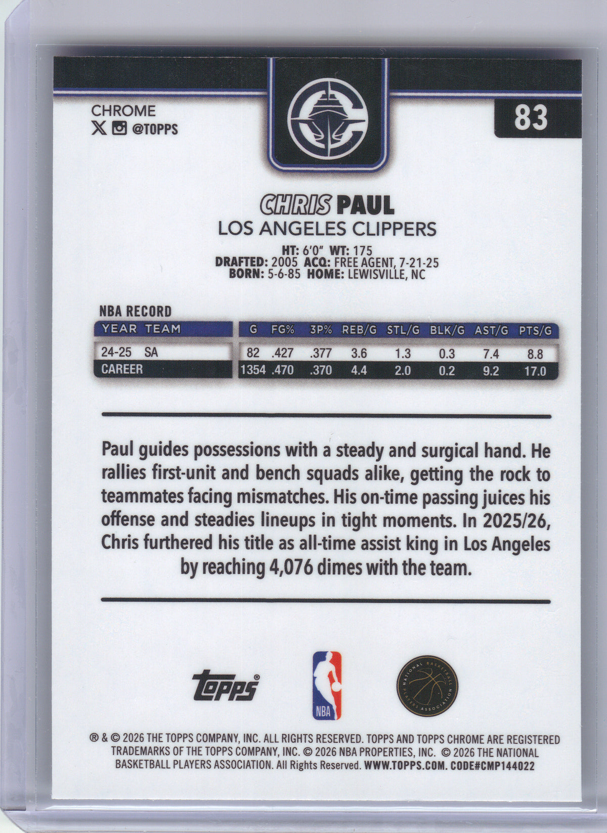 2025-26 Topps Chrome Update #83 Chris Paul X-Fractor Los Angeles Clippers