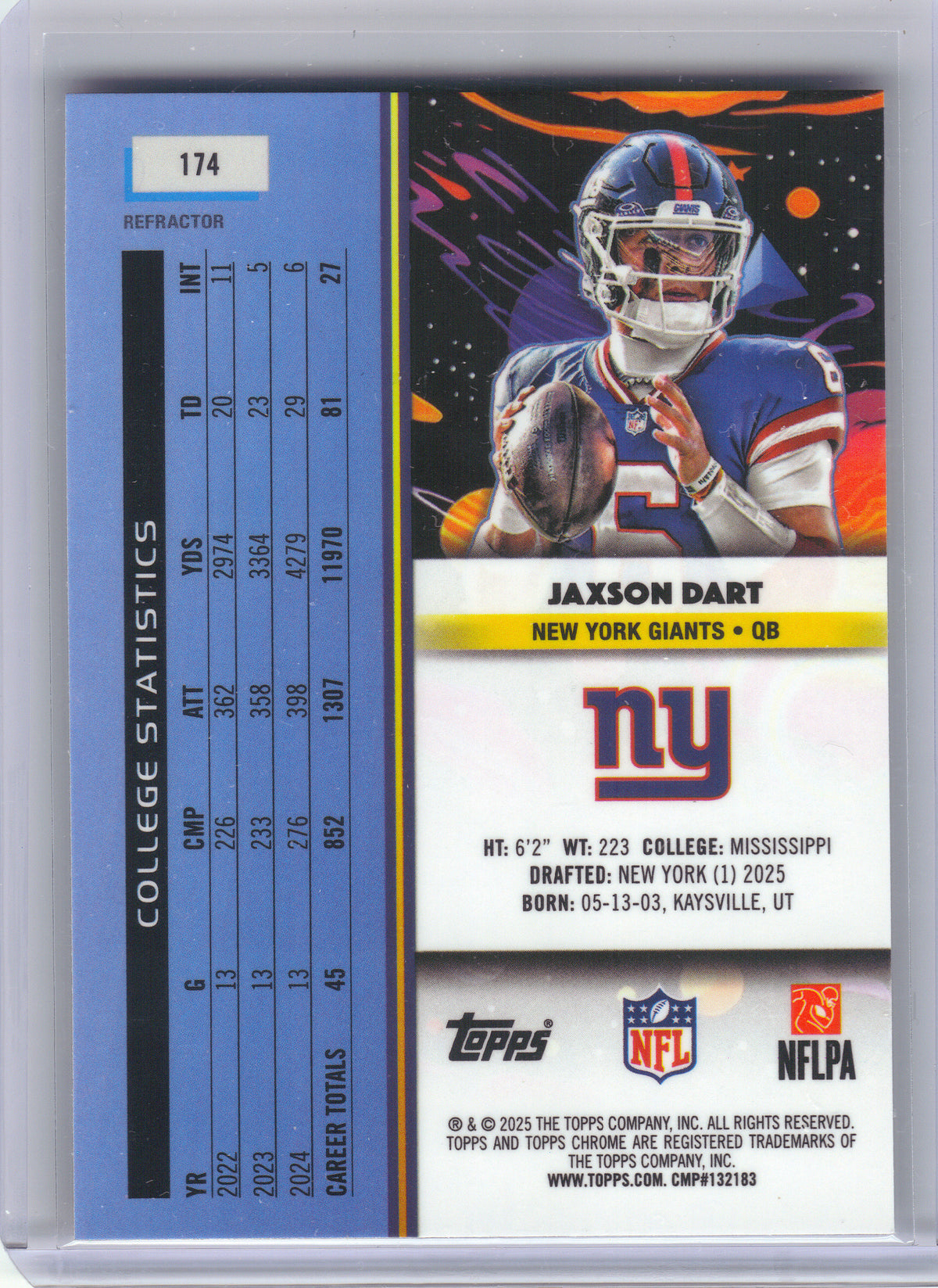2025 Topps Chrome Cosmic #174 Jaxson Dart Refractor New York Giants RC