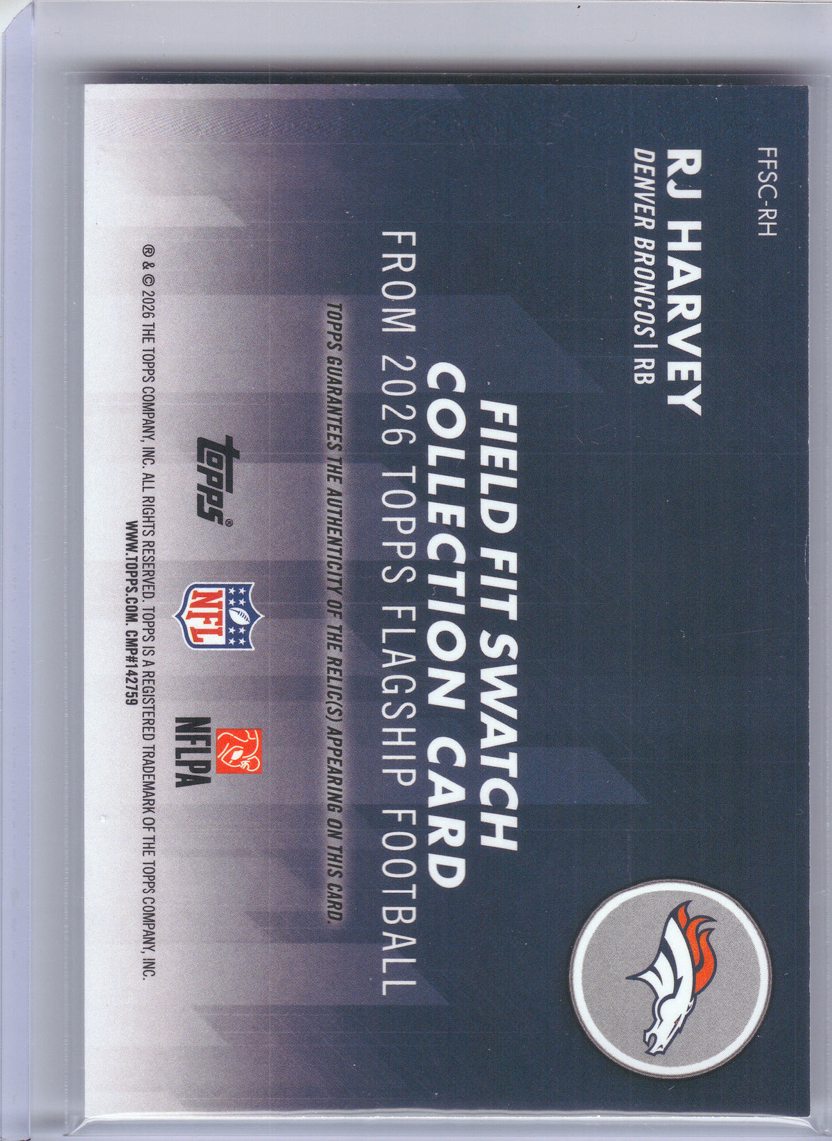 2026 Topps Flagship #FFSC-RH RJ Harvey Field Fit Swatches Denver Broncos MEM