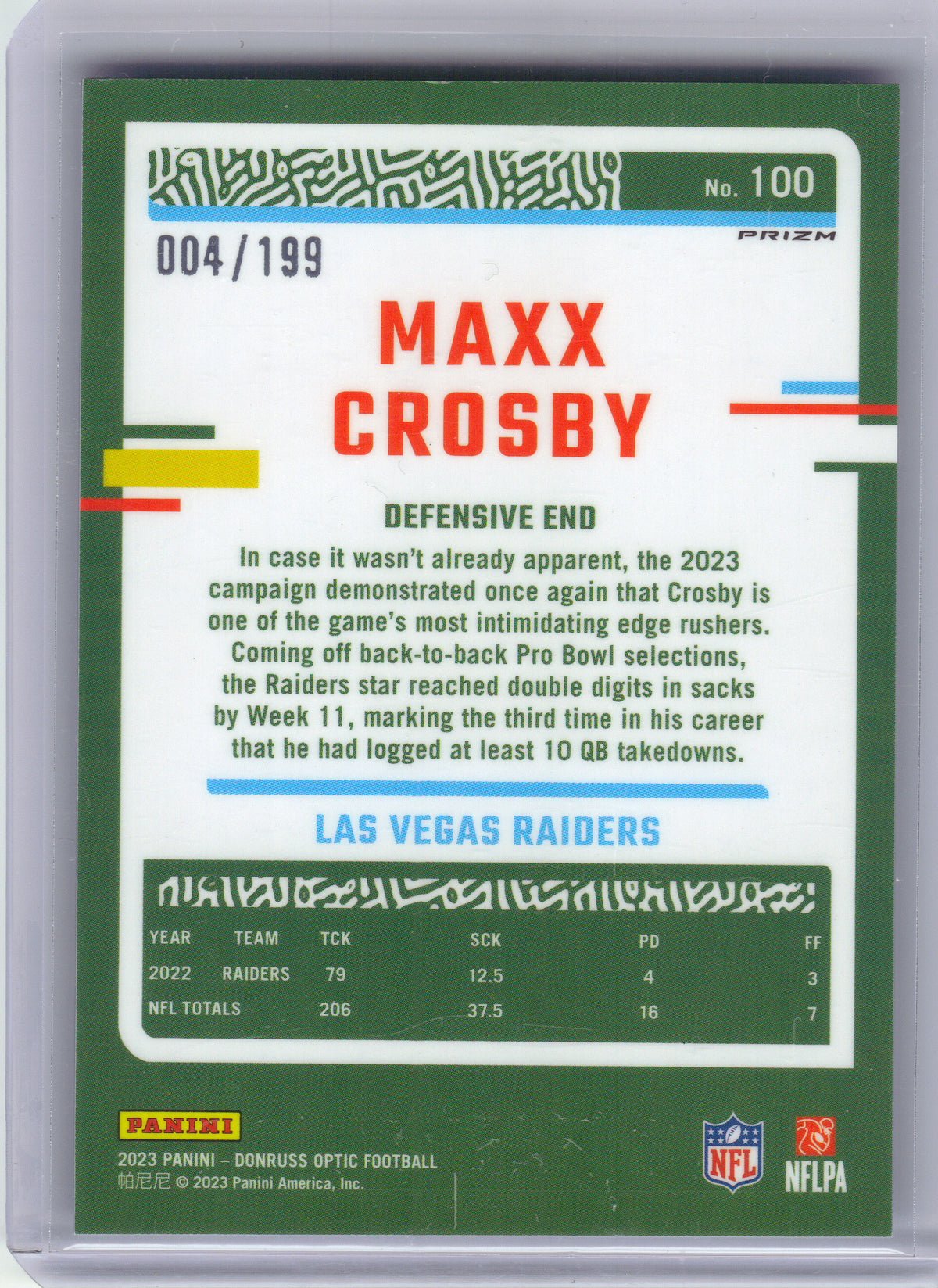 2023 Donruss Optic #100 Maxx Crosby Blue #/199 Las Vegas Raiders SN