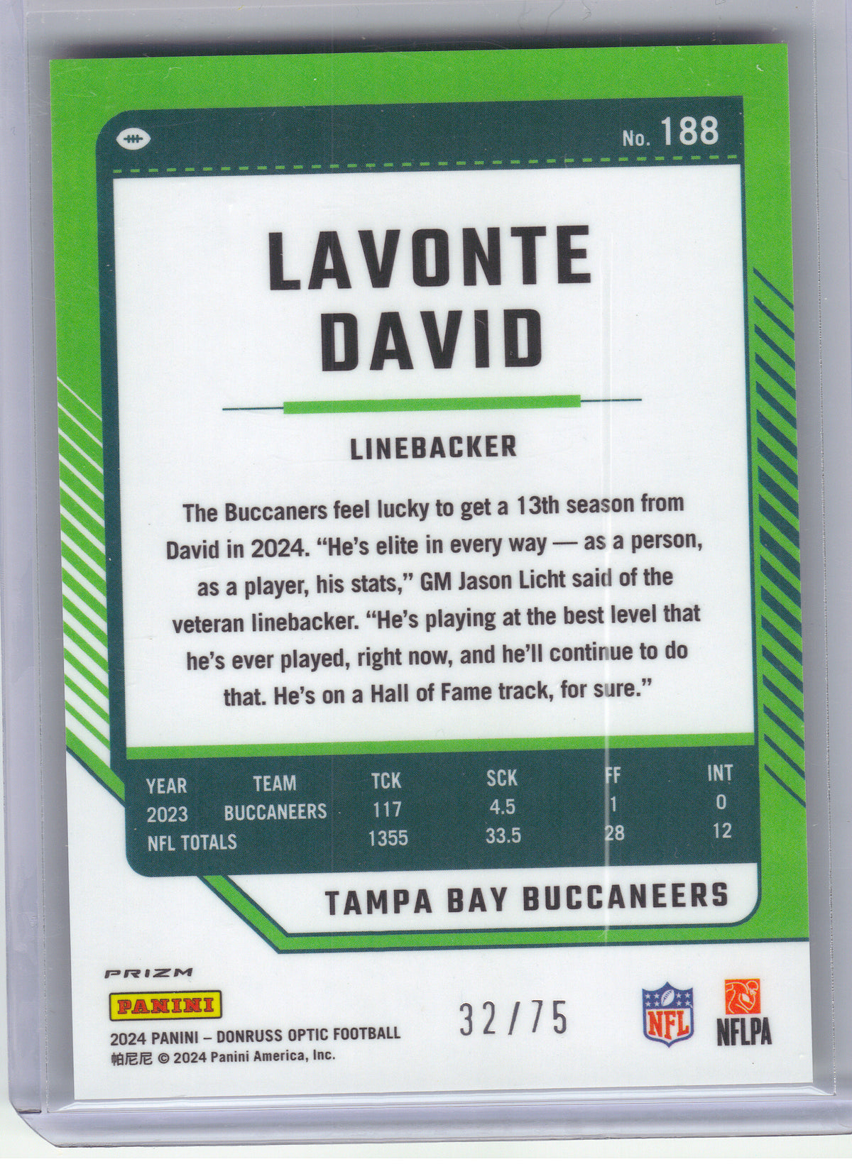 2024 Donruss Optic #188 Lavonte David Electricity #/75 Tampa Bay Buccaneers SN