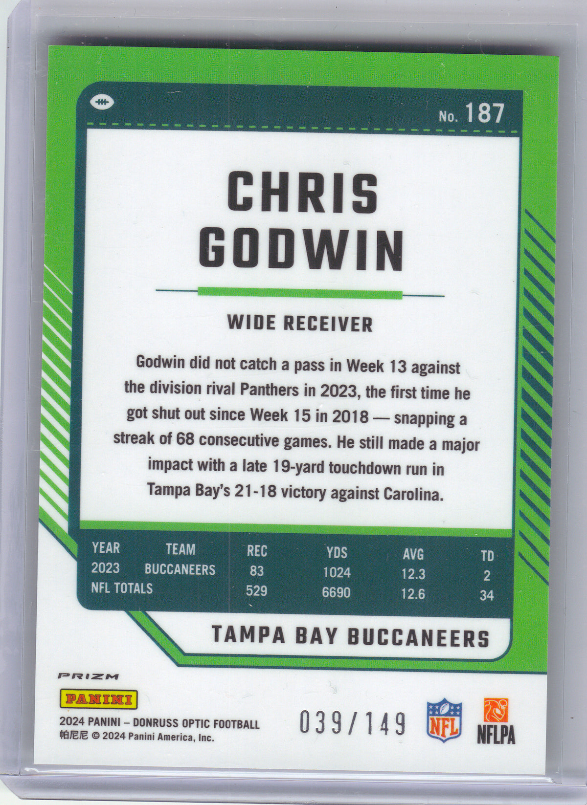 2024 Donruss Optic #187 Chris Godwin Flex #/149 Tampa Bay Buccaneers SN