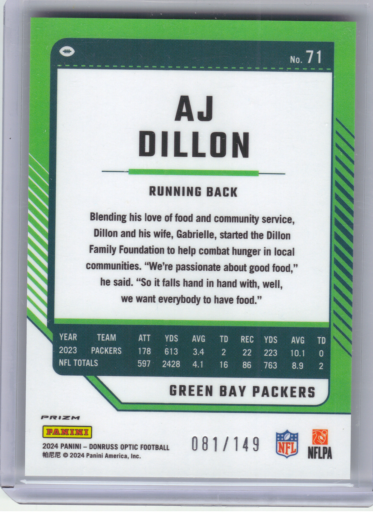 2024 Donruss Optic #71 AJ Dillon Flex #/149 Green Bay Packers SN