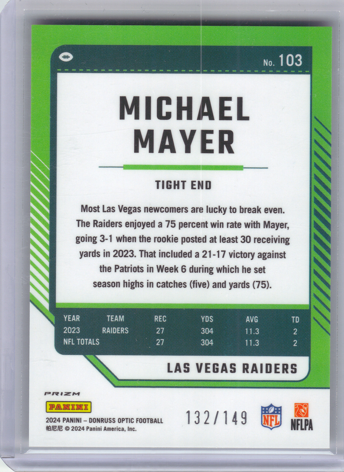 2024 Donruss Optic #103 Michael Mayer Flex #/149 Las Vegas Raiders SN