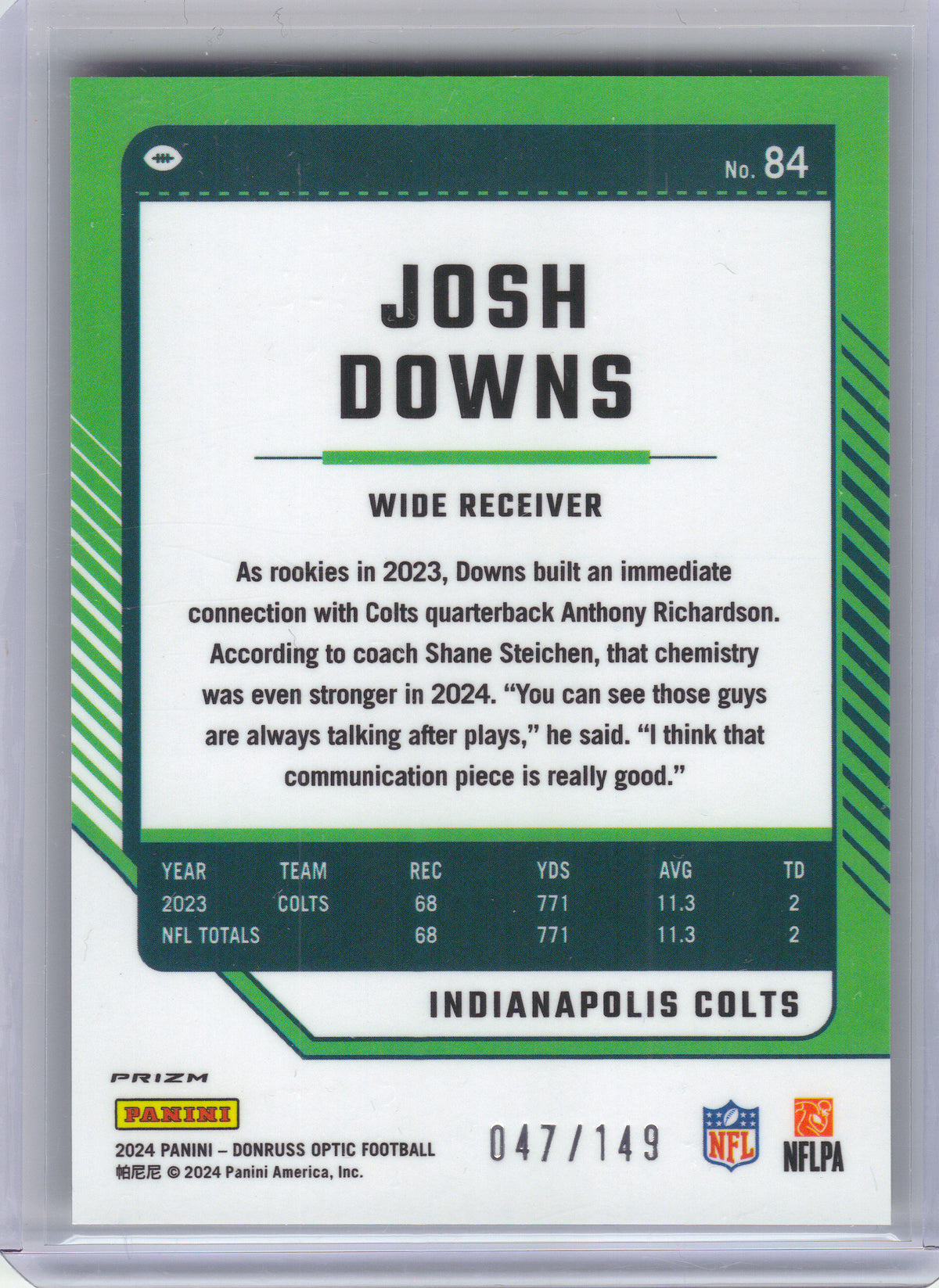 2024 Donruss Optic #84 Josh Downs Flex #/149 Indianapolis Colts SN