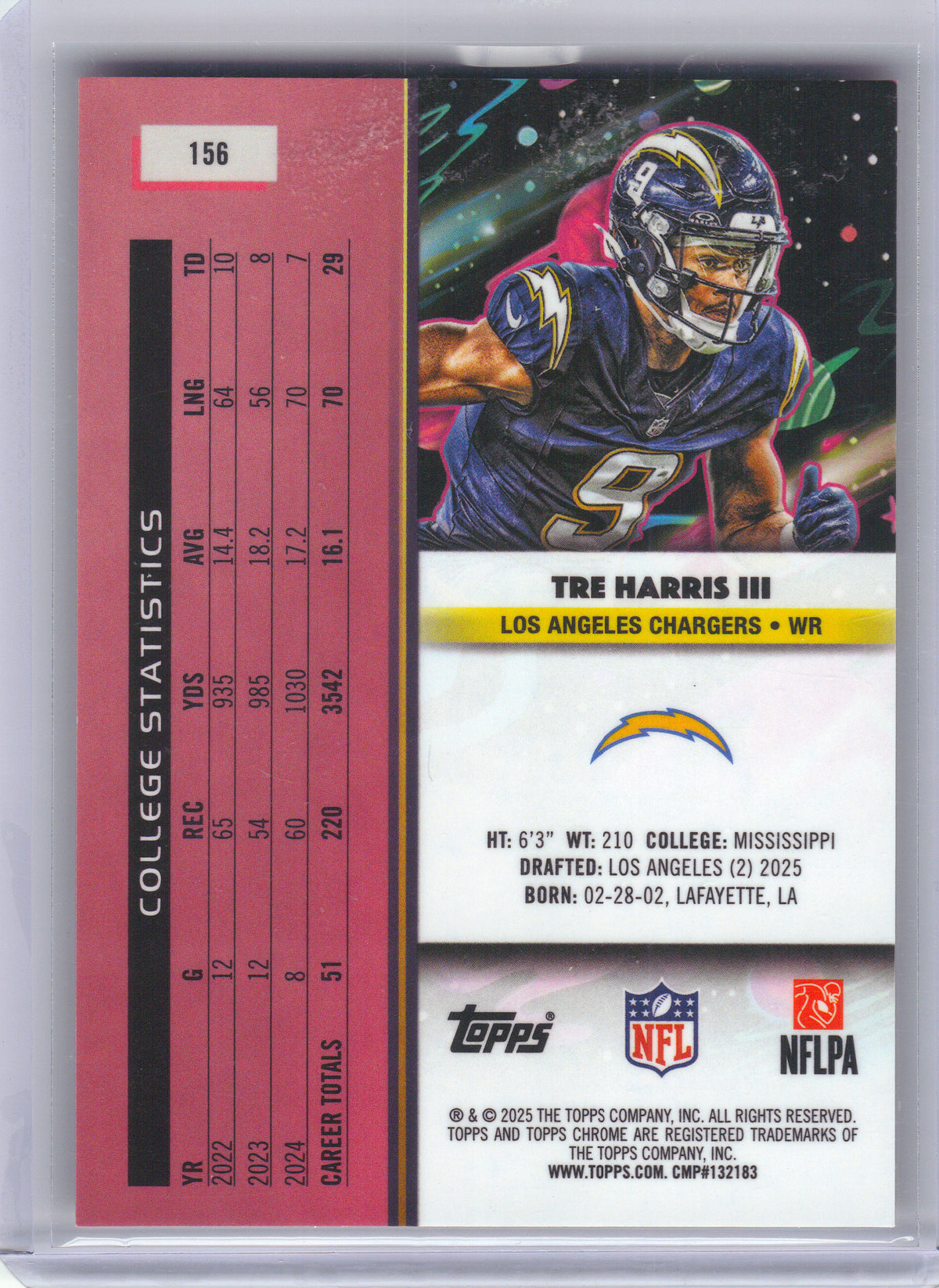 2025 Topps Chrome Cosmic #156 Tre Harris III Orange Galactic Refractor First on the Print Los Angeles Chargers SN, RC