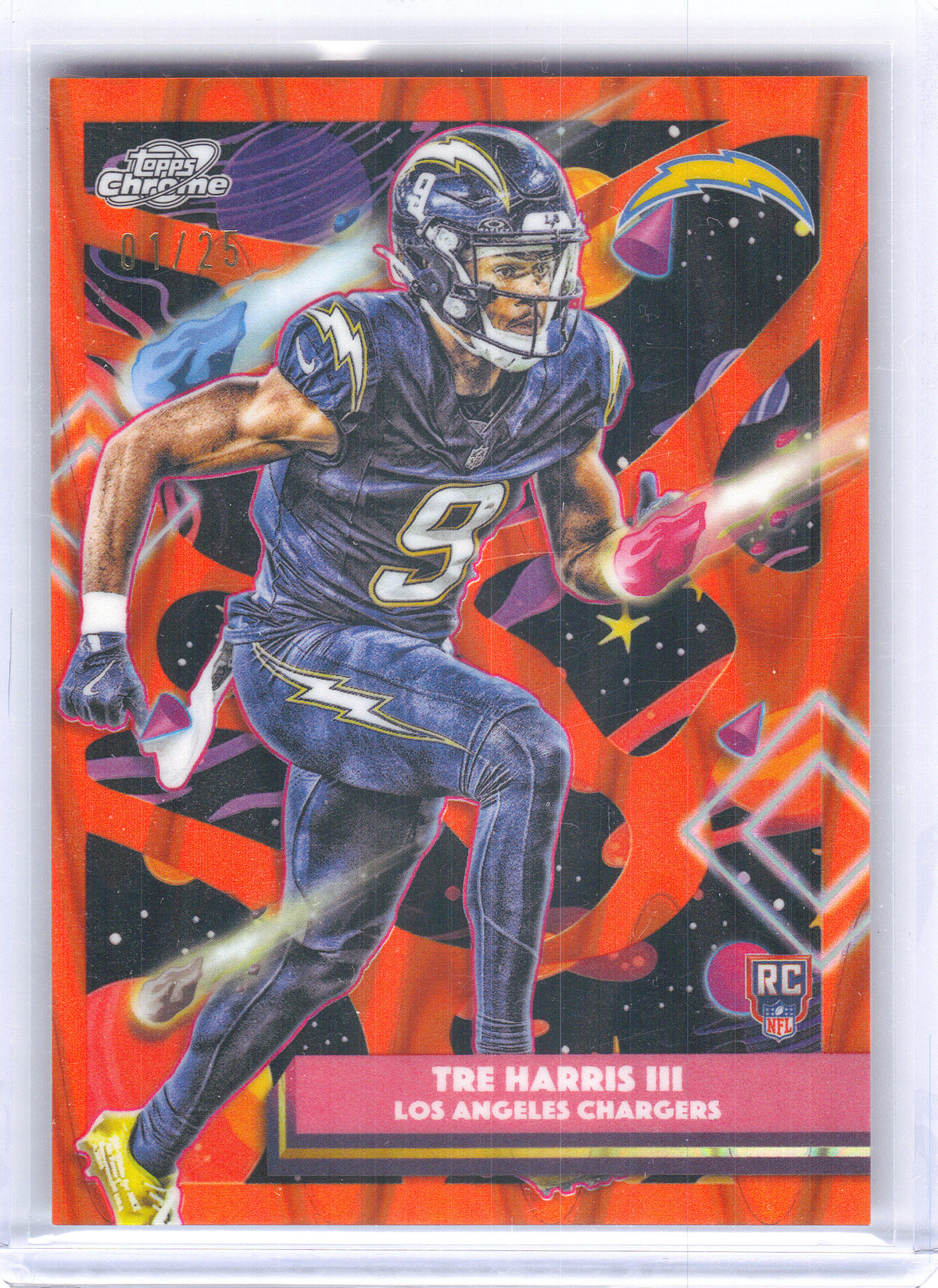 2025 Topps Chrome Cosmic #156 Tre Harris III Orange Galactic Refractor First on the Print Los Angeles Chargers SN, RC