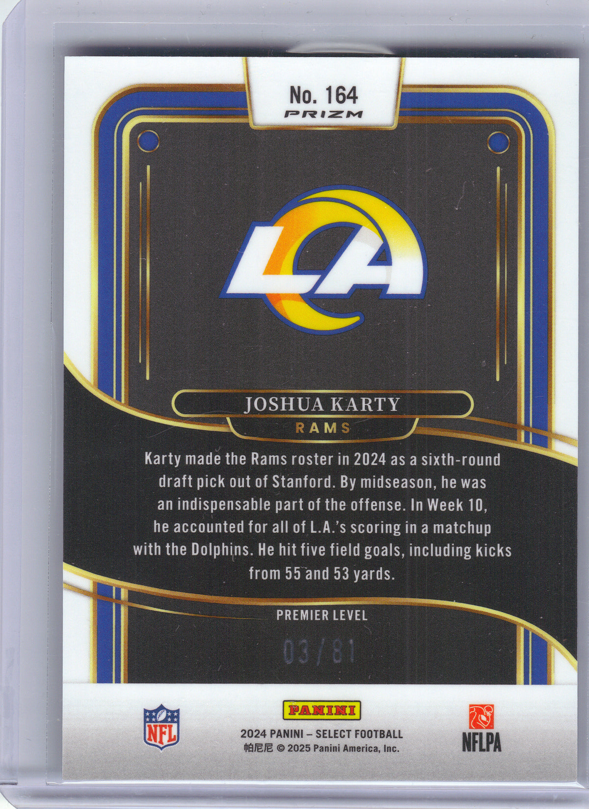 2024 Panini Select #164 Joshua Karty Dragon Scale Prizm #/81 Los Angeles Rams SN, RC