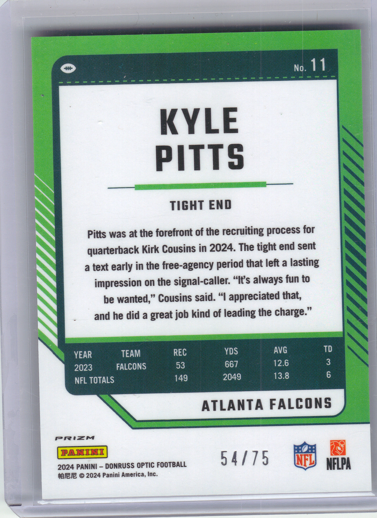 2024 Donruss Optic #11 Kyle Pitts Electricity #/75 Atlanta Falcons SN