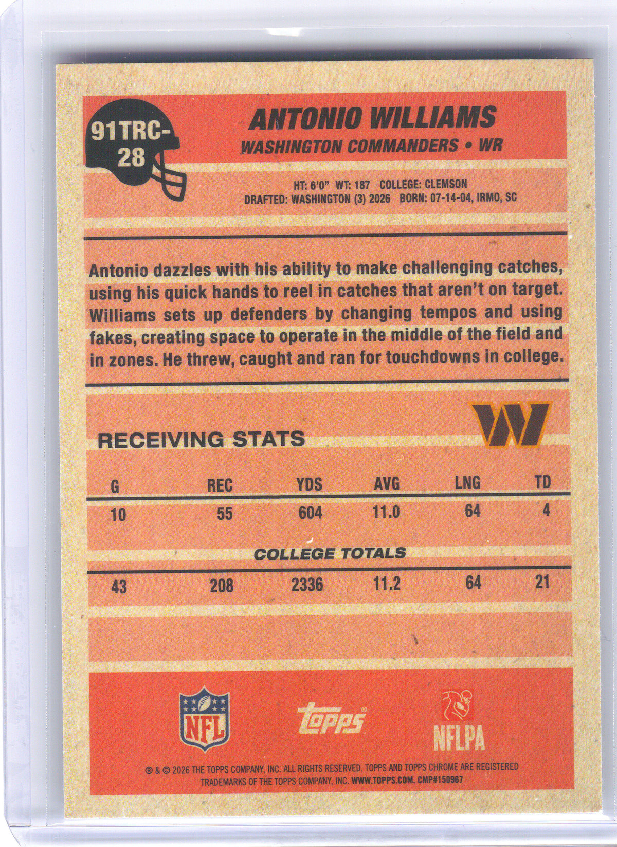 2026 Topps Flagship #91TRC-28 Antonio Williams 1991 Topps Football 35th Anniversary Rookies Chrome Washington Commanders