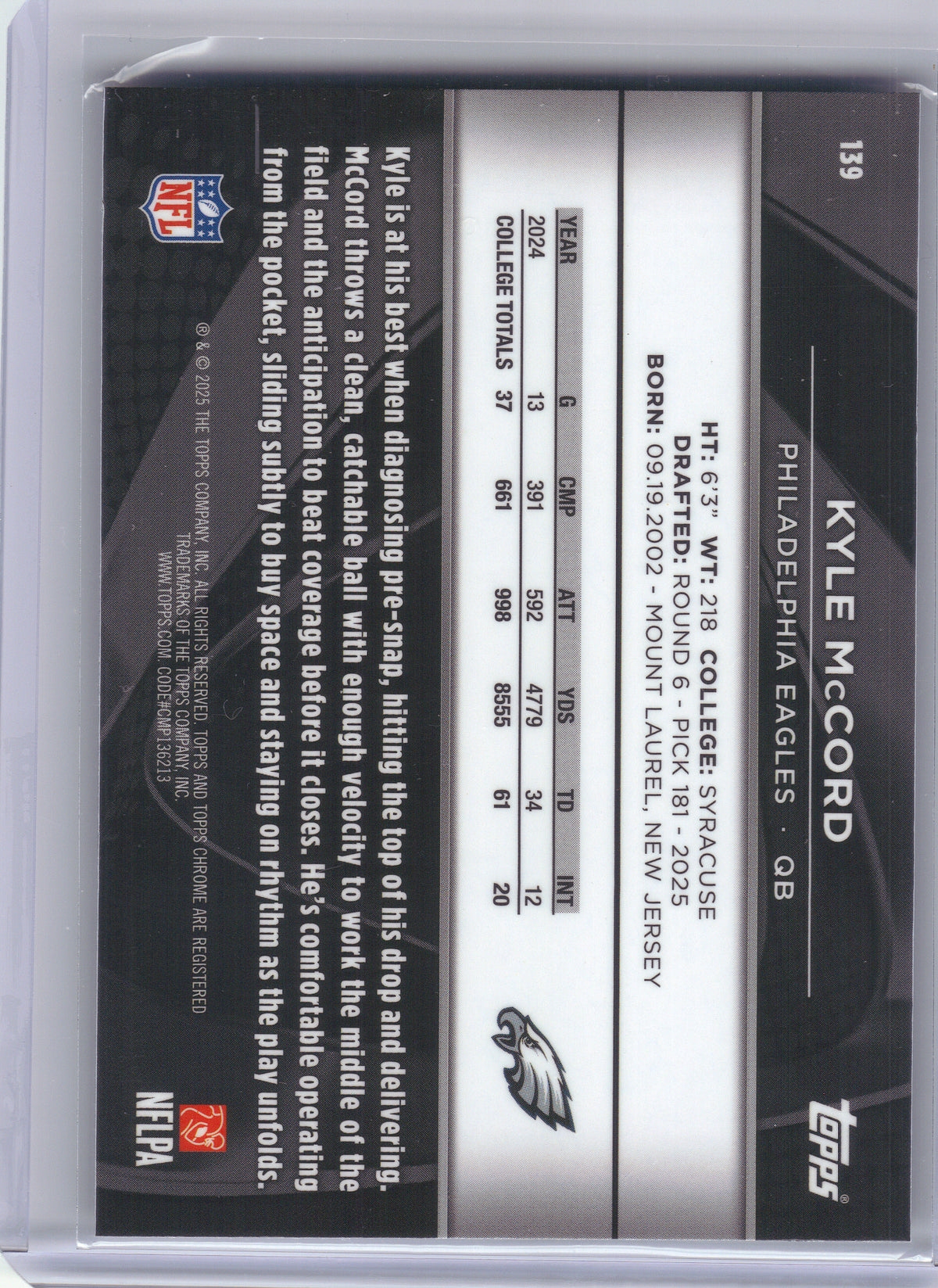 2025 Topps Chrome Black #139 Kyle McCord Philadelphia Eagles RC