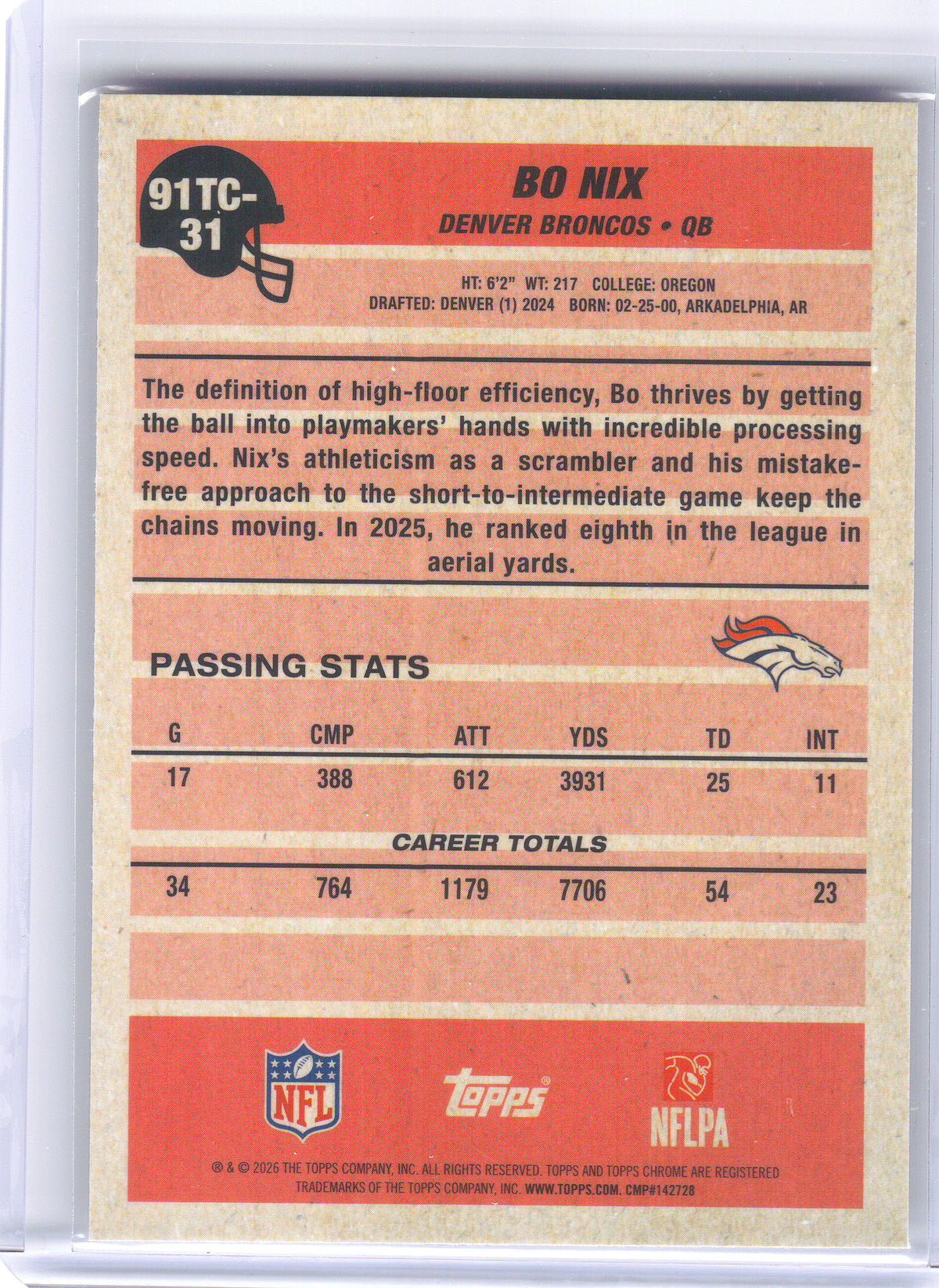 2026 Topps Flagship #91TC-31 Bo Nix 1991 Topps Football 35th Anniversary Chrome Denver Broncos