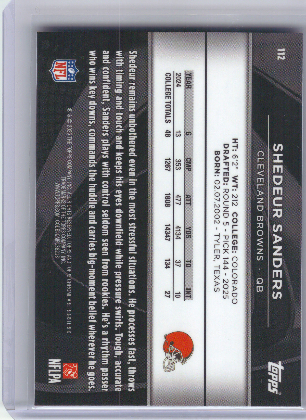 2025 Topps Chrome Black #112 Shedeur Sanders Cleveland Browns RC