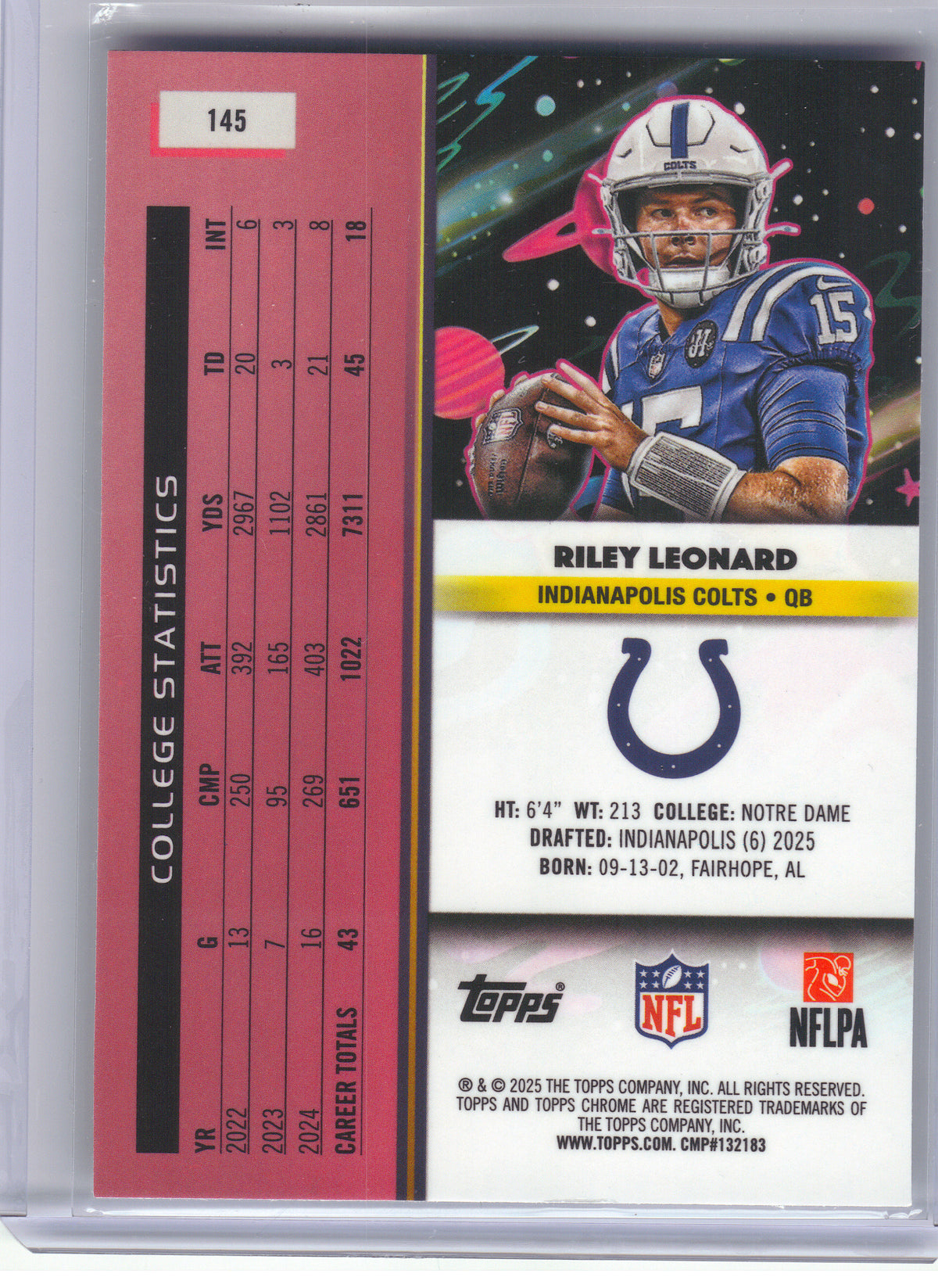 2025 Topps Chrome Cosmic #145 Riley Leonard Indianapolis Colts RC