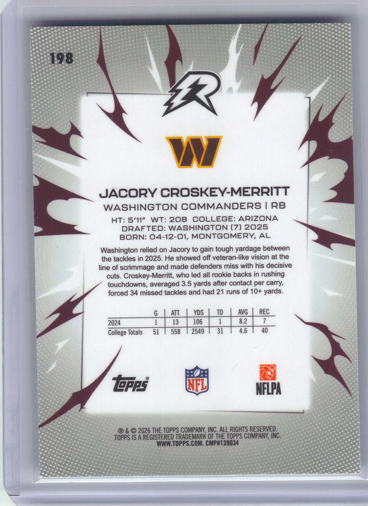 2025 Topps Resurgence #198 Jacory Croskey-Merritt Washington Commanders RC