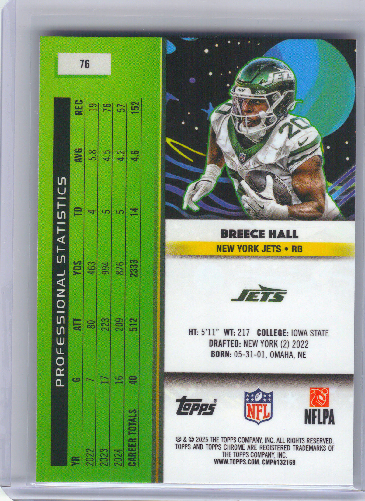 2025 Topps Chrome Cosmic #76 Breece Hall New York Jets