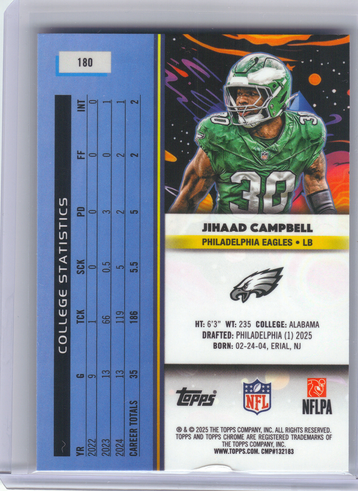 2025 Topps Chrome Cosmic #180 Jihaad Campbell Philadelphia Eagles RC