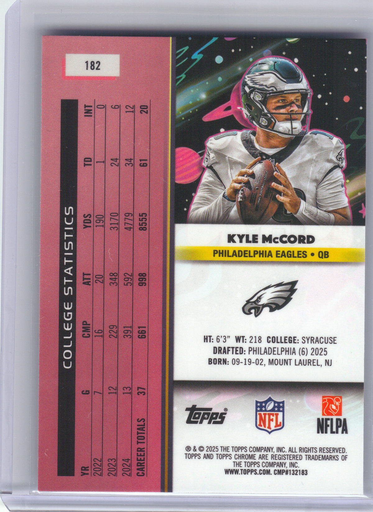 2025 Topps Chrome Cosmic #182 Kyle McCord Philadelphia Eagles RC